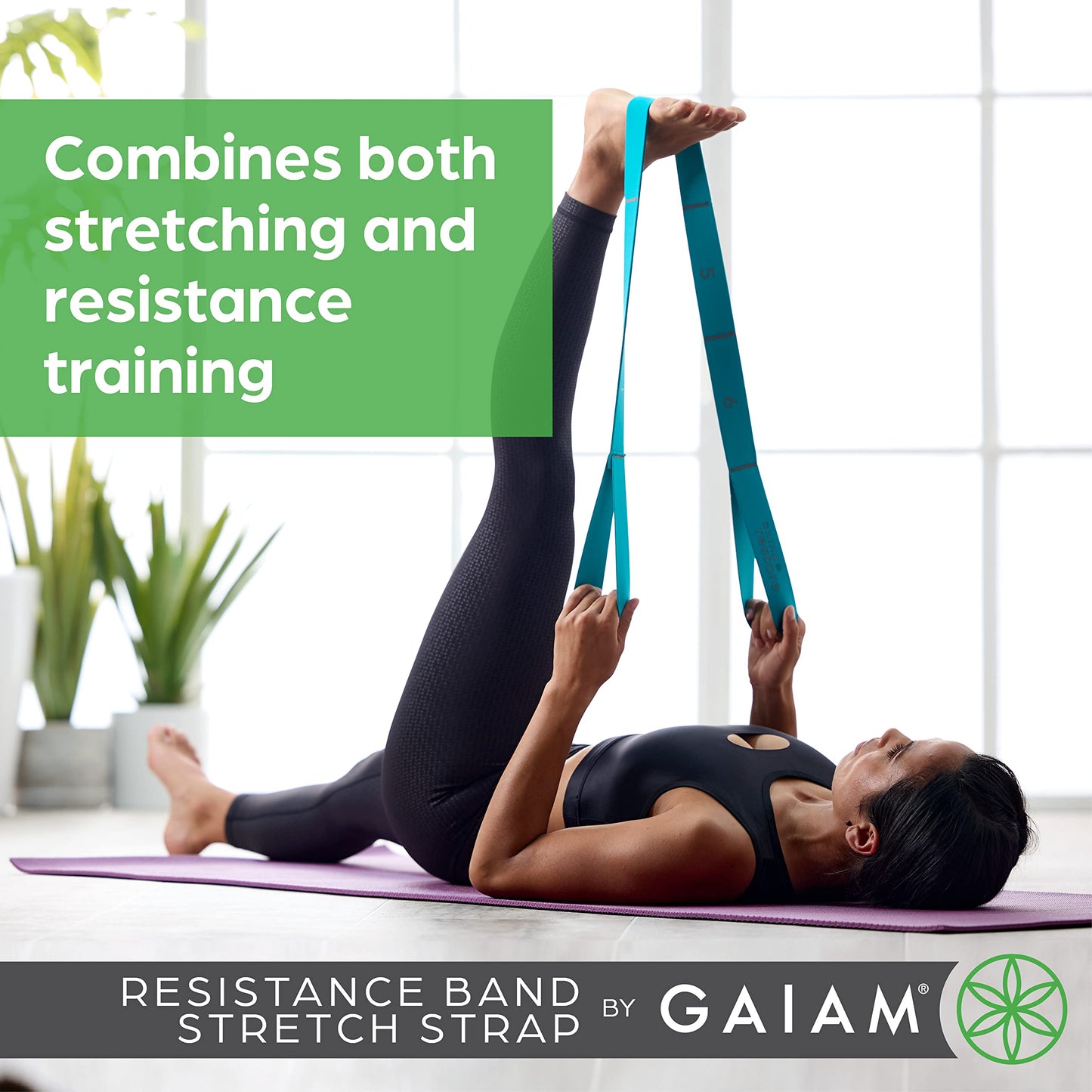 Gaiam Restore Stretch Band Strap - Elastic Stretching Strap with Loops for Medium Resistance Stretch Assist on Leg, Hamstring, Exercise/Fitness/Workout, Physical Therapy Green,Teal