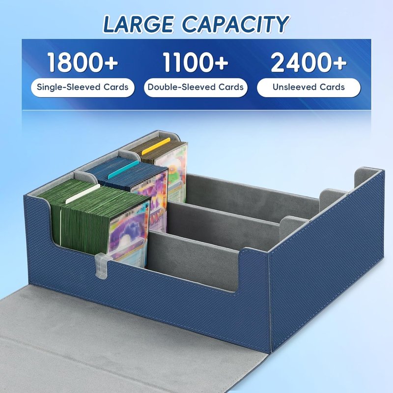 Card Storage Box - 1800+ PU Leather Trading Card Holder with 12 Dividers & Magnetic Closure | Fits YuGiOh, MTG, Sports Cards (Blue, 3-Row)