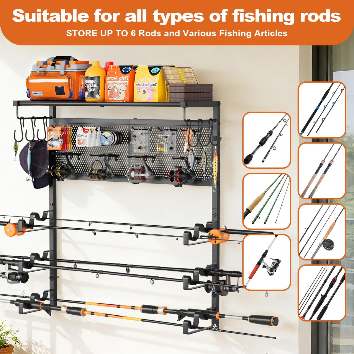 Olakee Wall Mount Fishing Rod Holders, Large Capacity Fishing Pole Holders for Garage Organizer, Horizontal Fishing Pole Rack Holds Up to 6 Rods with Pegboard & Hooks, Ideal Gift for Men Dad Anglers