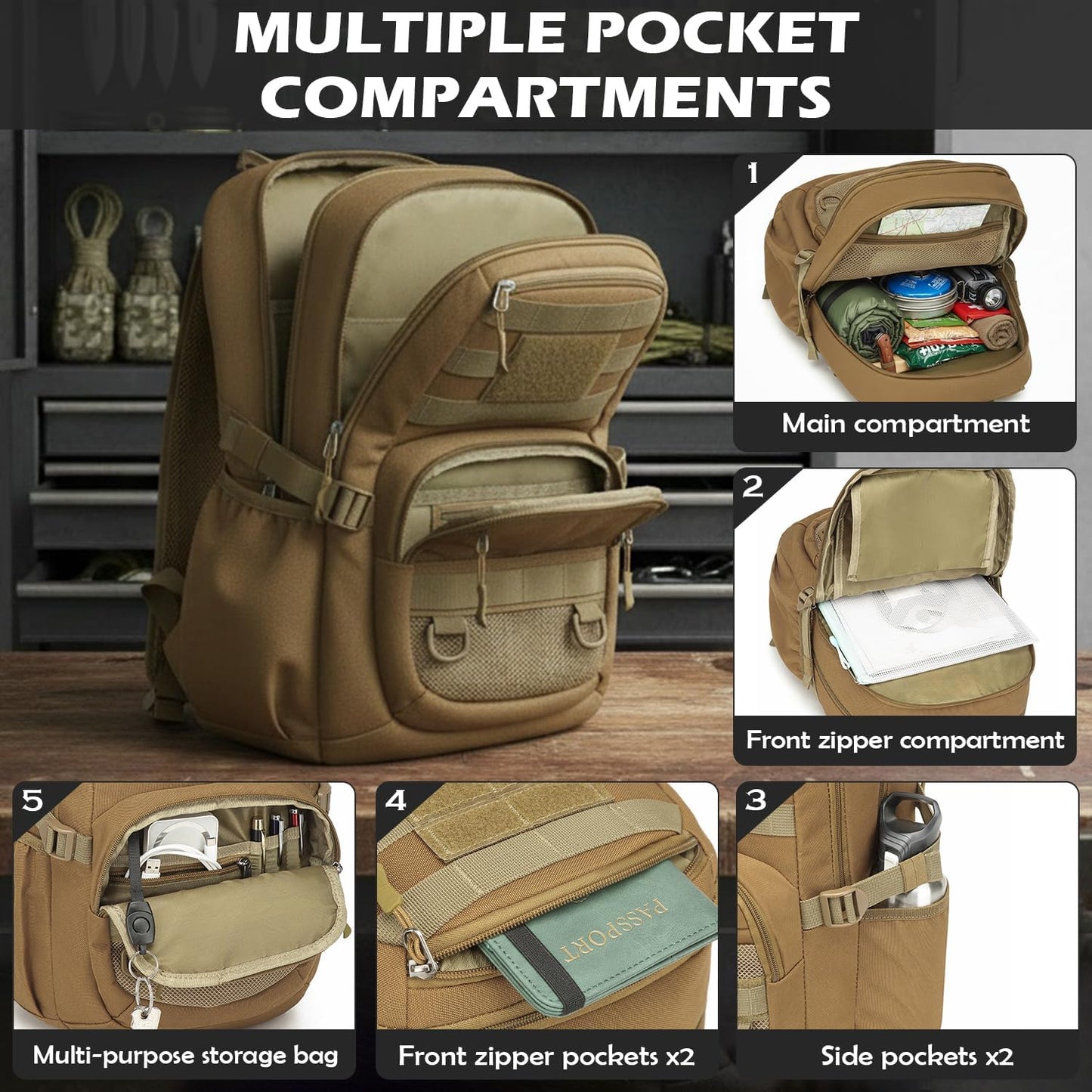 Tactical Backpack - Military Molle 3-Day Assault Pack for Hiking | Brown Rucksack