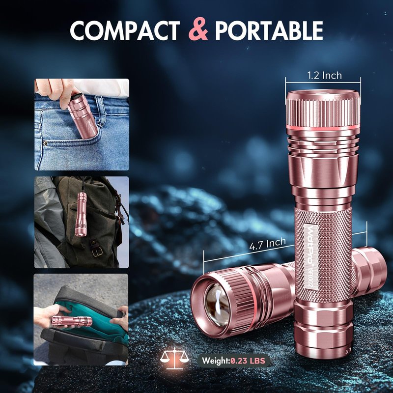 WdtPro Rechargeable Flashlights High Lumens, 1 Pack 10H Long Lasting Super Bright EDC Flashlights, LED Mini Tactical Flash Lights for Camping Emergency, Drop & Water Resistant Pink(Battery Included)