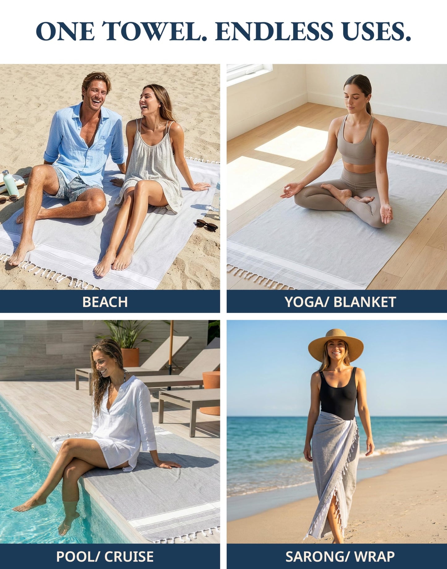 LANE LINEN Oversized Beach Towels 4 Pack – Pre-Washed, Extra Large, Quick Dry, No Sand, Absorbent Pool Towels for Adults, 39"x71", Grey