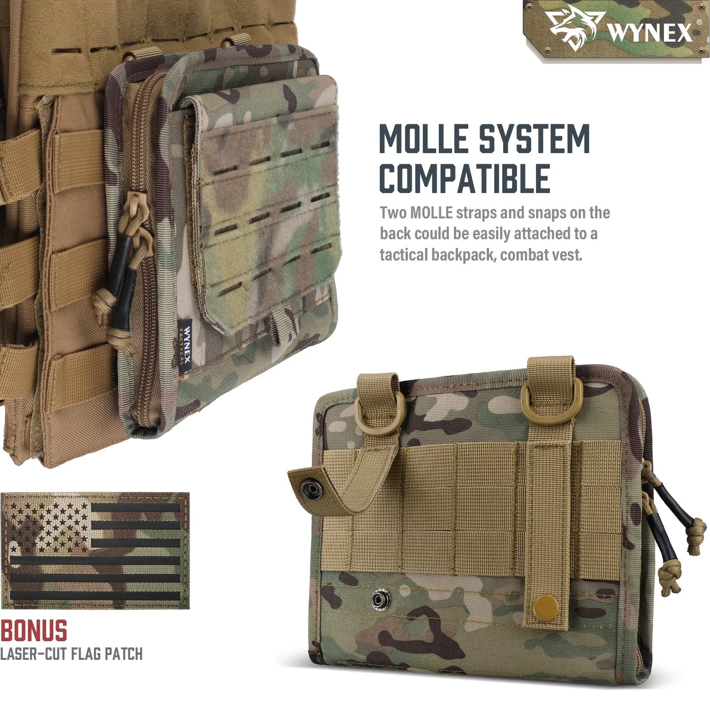 WYNEX Tactical Folding Admin Pouch, Molle Tool Bag of Laser-Cut Design, Utility Organizer EDC Medical Bag Modular Pouches Tactical Attachment Waist Pouch Include U.S Patch (CP Camo)