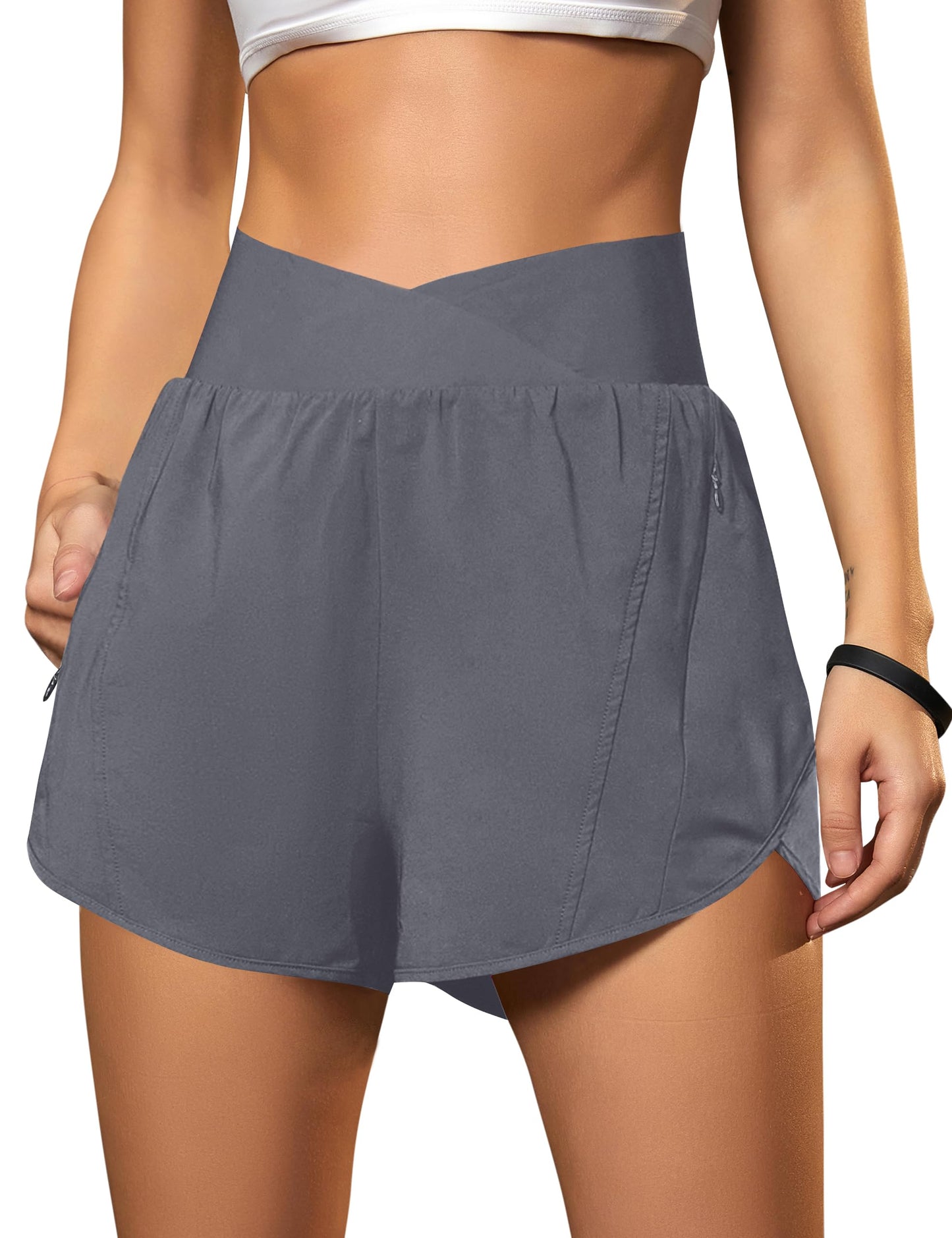 Blooming Jelly Women's Workout Shorts Athletic Running Cross V Cut Waist Work Out Preppy Shorts with Zipper Pockets (Medium Grey,X-Large)