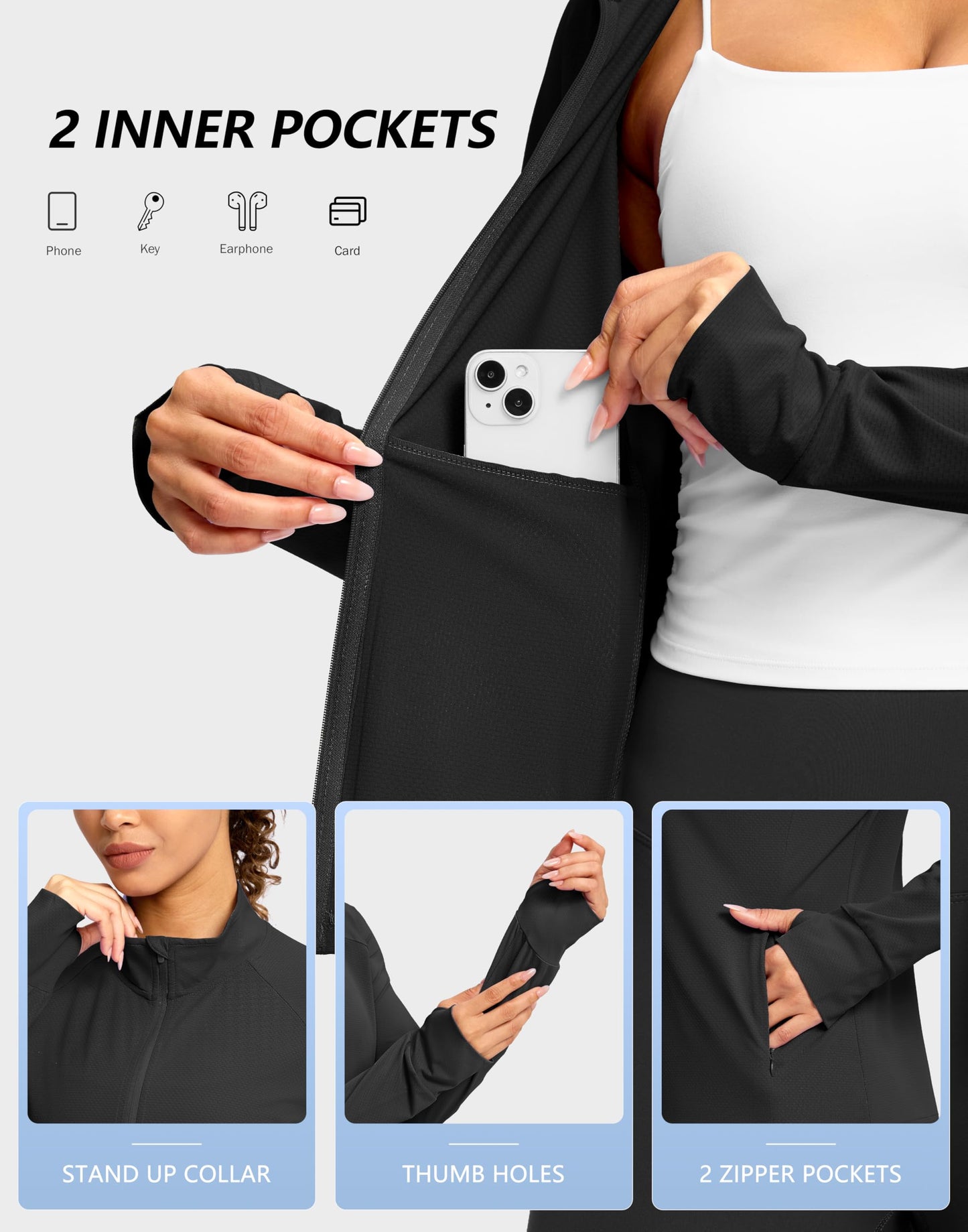 G Gradual Women's UPF 50+ Lightweight Athletic Jacket Sun Protection Zip Up 4 Pockets Long Sleeve Shirts Workout Running, Black, L