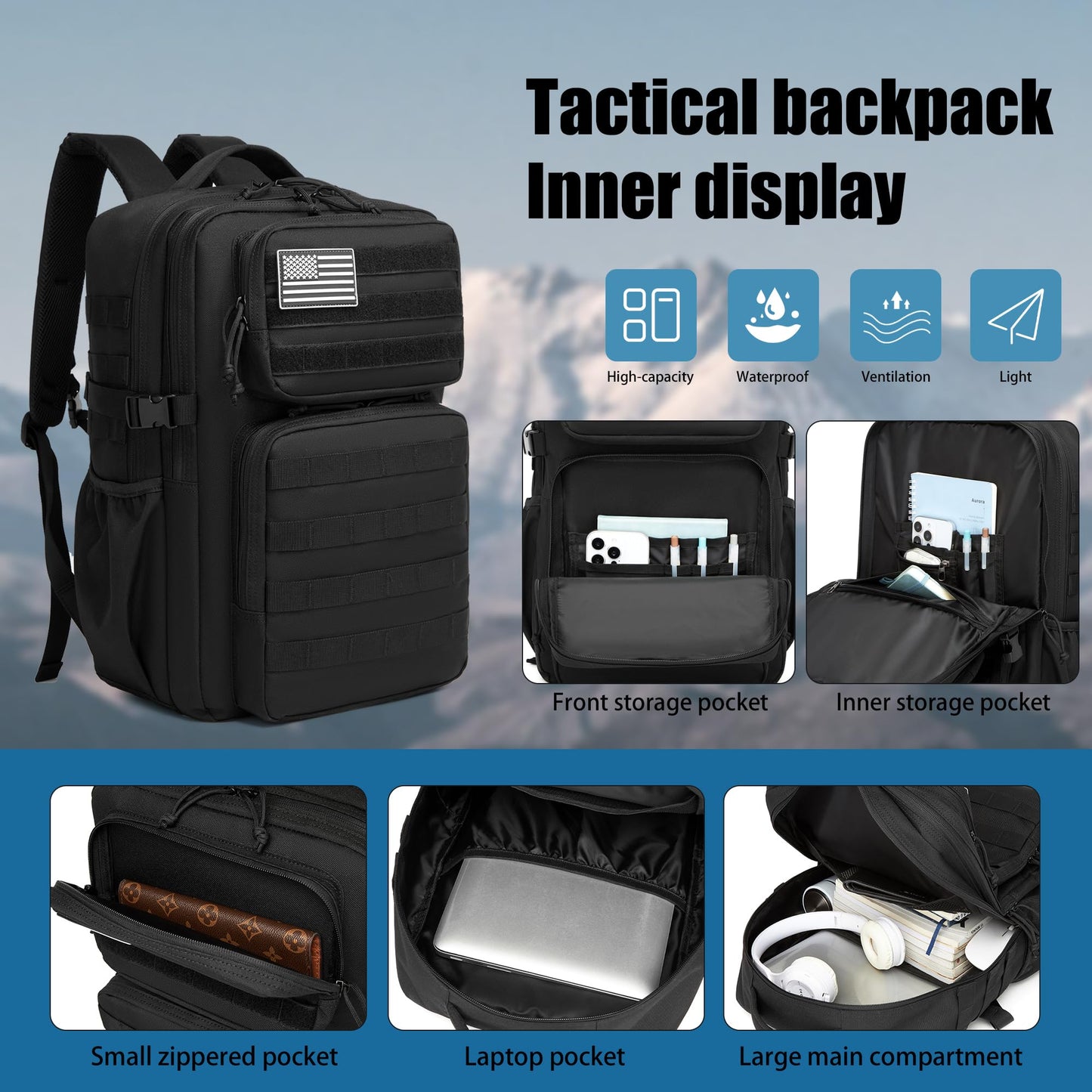 Wotony Military Tactical Backpack for Men Waterproof Daypack 3 Day Assault Pack Molle Bag with Water Bottle Holder (khaki, 35L)