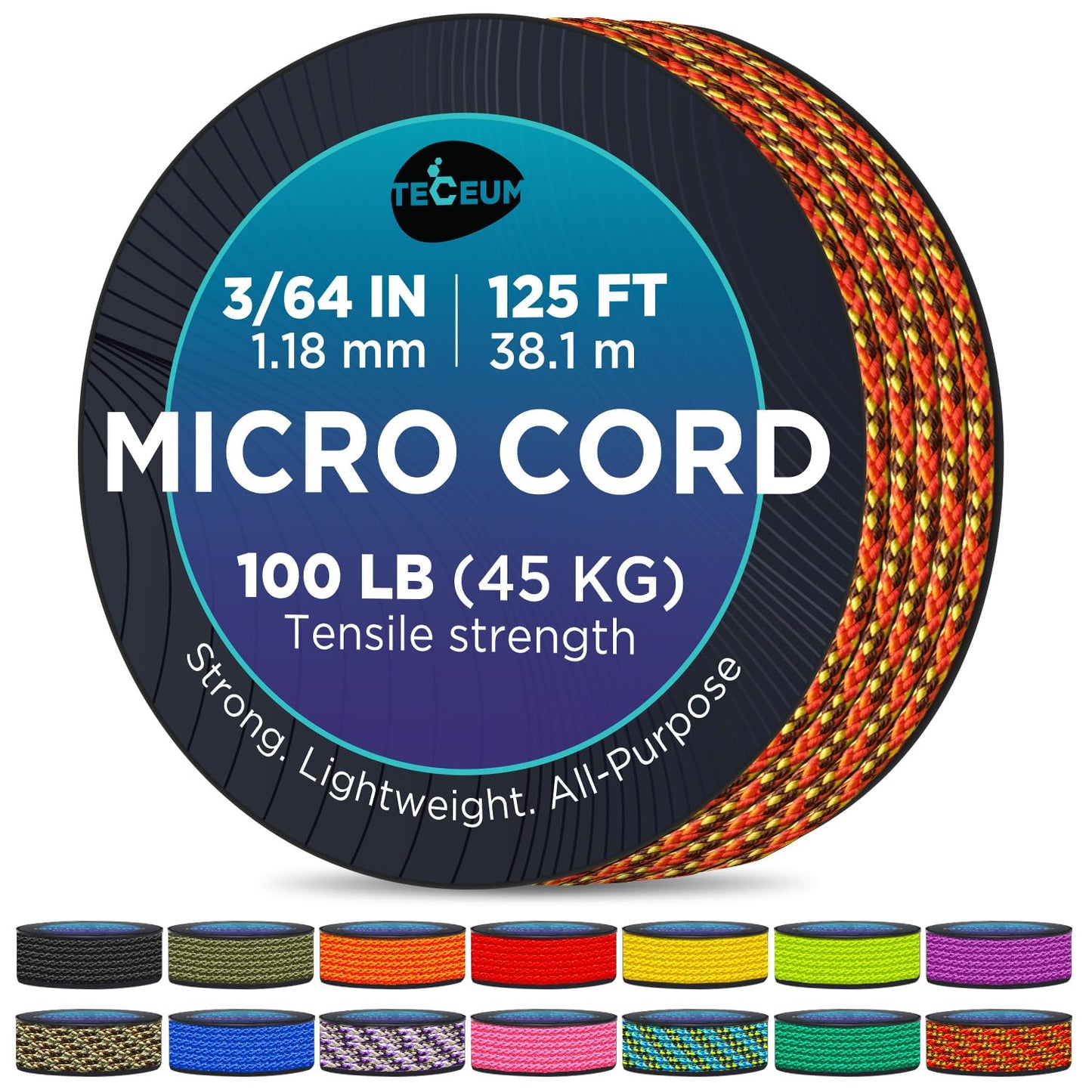 TECEUM Micro Paracord – Fireball – 1.18 mm x 125 ft – Micro Utility Cord – Thin Braided Paracord Rope Nylon Polyester – Wind Chime Replacement – Survival Strong String 5368с