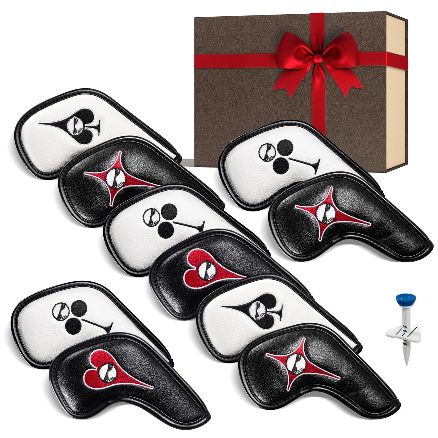 Golf Iron Covers Set of 10 with Golf Tee, Lucky Poker Design - Magnetic PU Leather Golf Club Head Covers | Embroidered Spades, Hearts, Clubs, Diamonds | Fits Most Irons, Fun Golf Gifts for Men