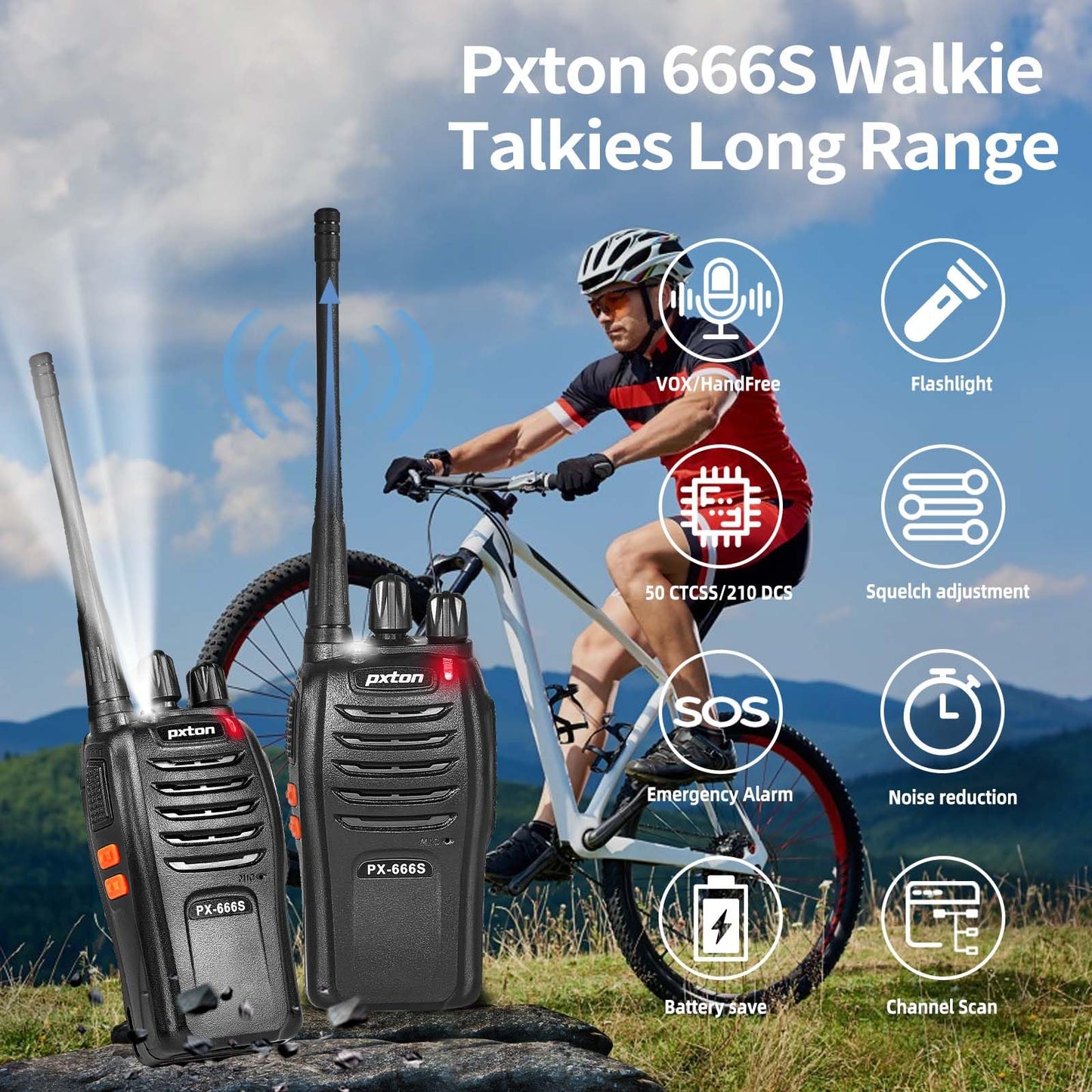 pxton walkie talkies, 666S walkie talkies for Adults Long Range Rechargeable with Headphones and Li-ion Battery,2 Way radios has VOX/Noise Reduction/TOT/Flashlight/Monitoring/Scan Function（2 Pack）