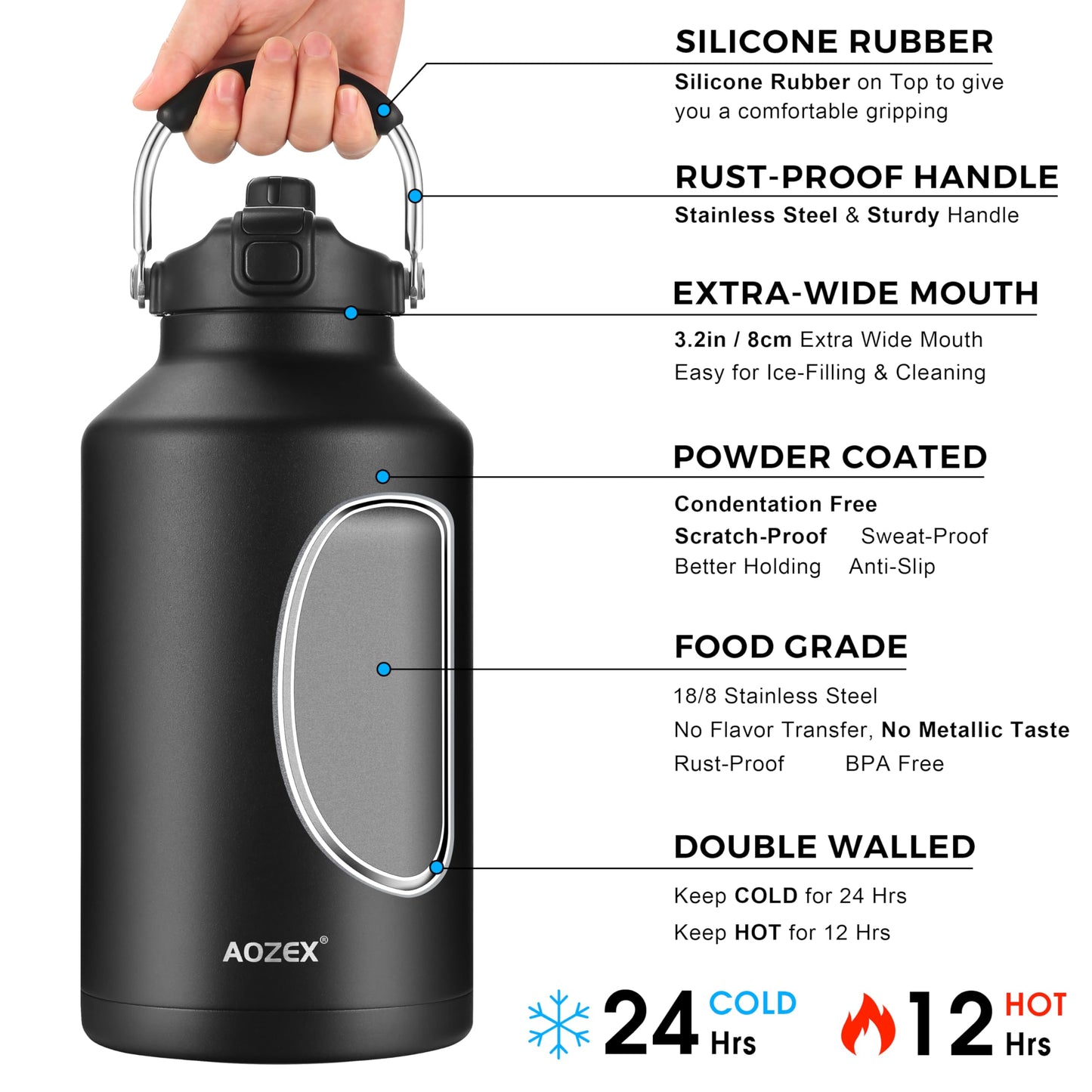 AOZEX 1 Gallon Water Bottle with Straw, Big 128 oz Insulated Water Bottle Sports 1 Gallon Water Jug with 2 in 1 Lid, Large Water Bottle Metal One Gallon Jug Stainless Steel Water Bottles with Handle