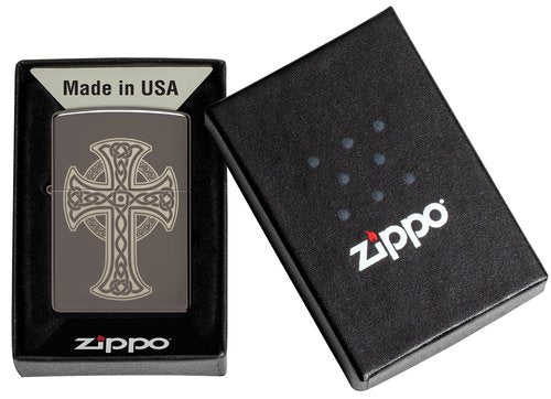 Zippo Laser Engraved Celtic Cross Design Black Ice Pocket Lighter