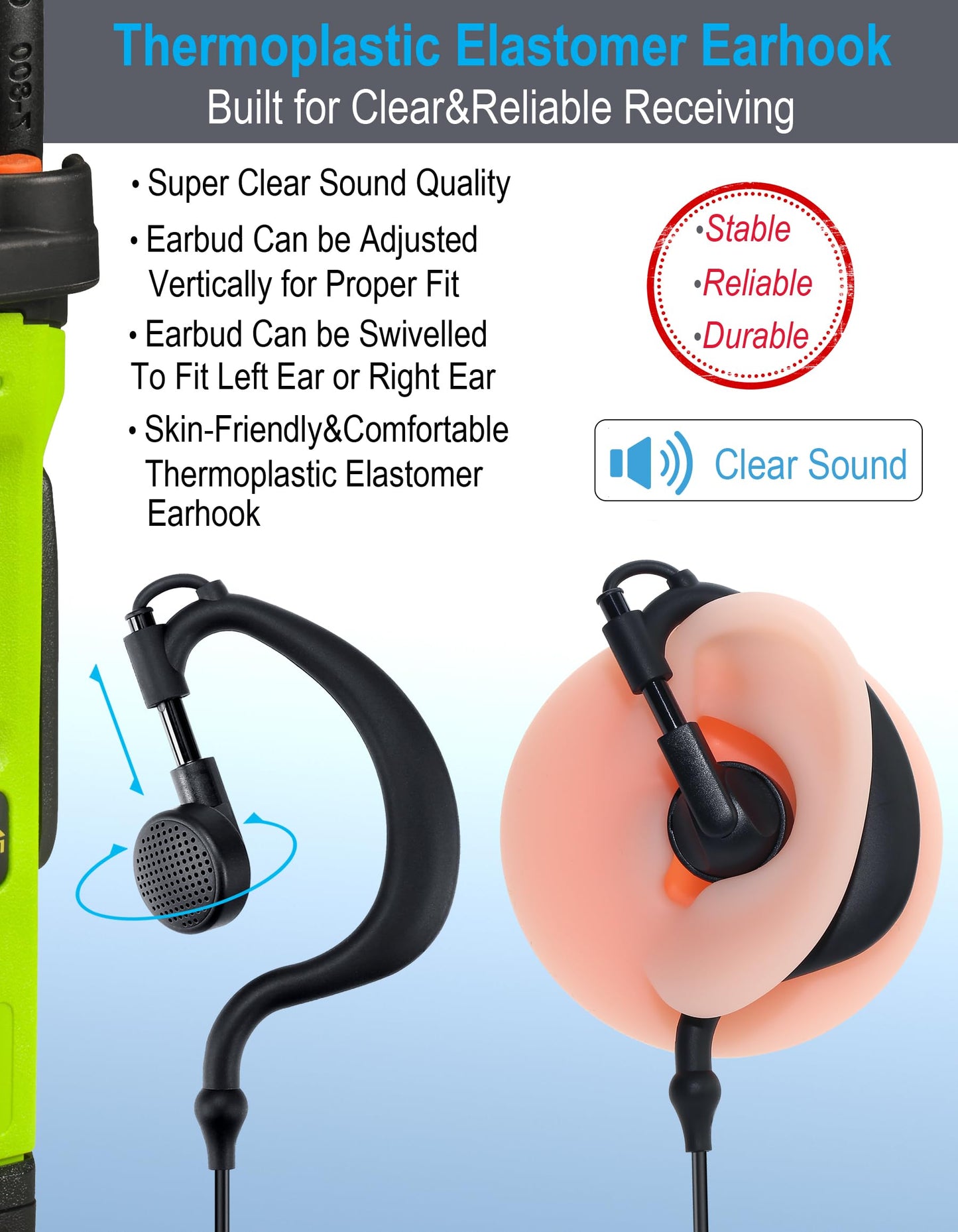 Commountain SL300 SL3500e Earpiece with Mic Compatible for Motorola Radios TLK 100 TLK 110 SL7550 SL7550e SL7580 SL7580e SL7590 SL7590e SLN 1000, TLK100 TLK110 SLN1000 SL Series, G Earhook Headset