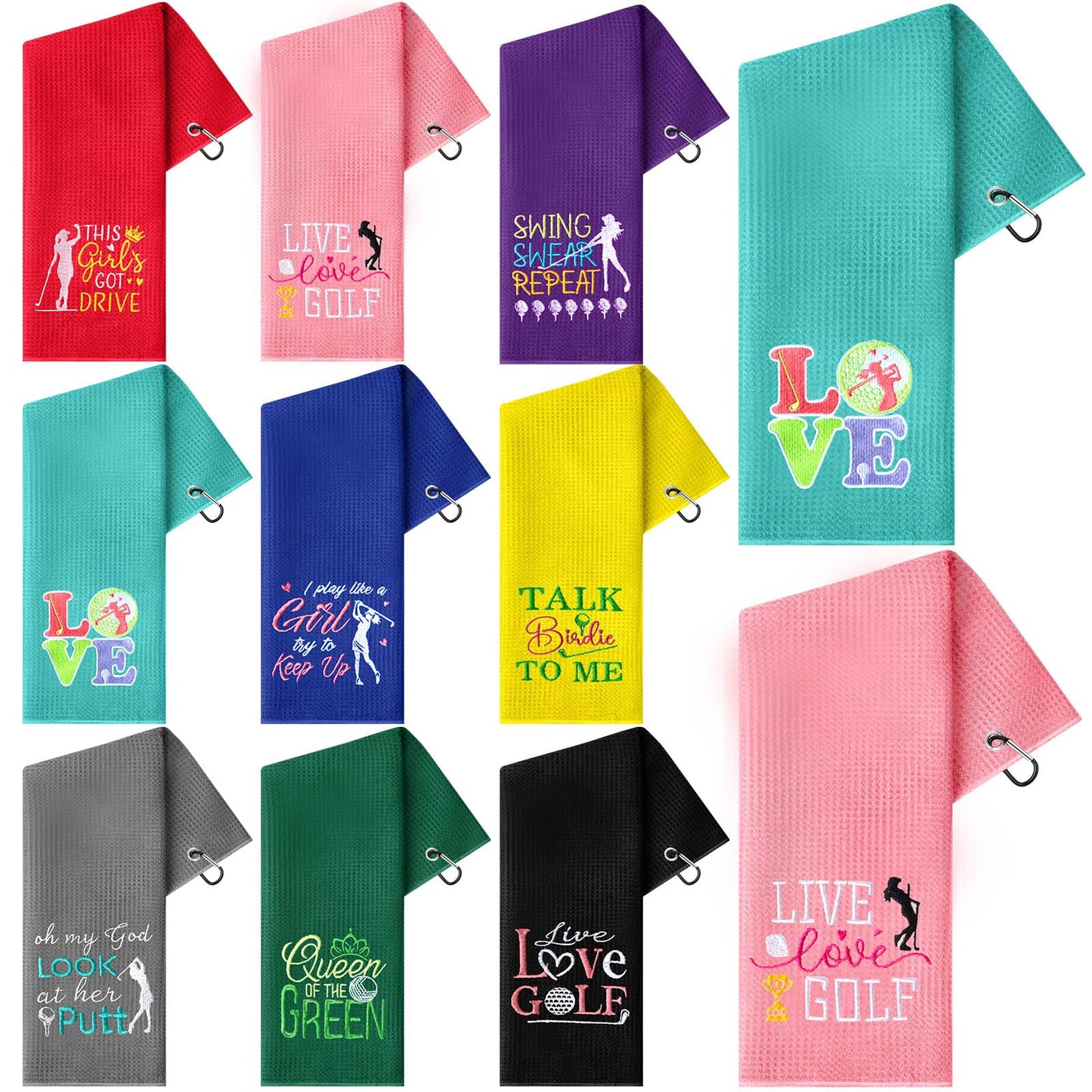 Fanfanwin 9 Pcs Golf Towel Bulk 24 x 16 Inches Microfiber Waffle Towel with Clip Tri Fold Portable Rag Accessories for Golf Bag Mini Tournament Club Yoga Fitness Remove Sand Mud Dirt Sweat(Classic)
