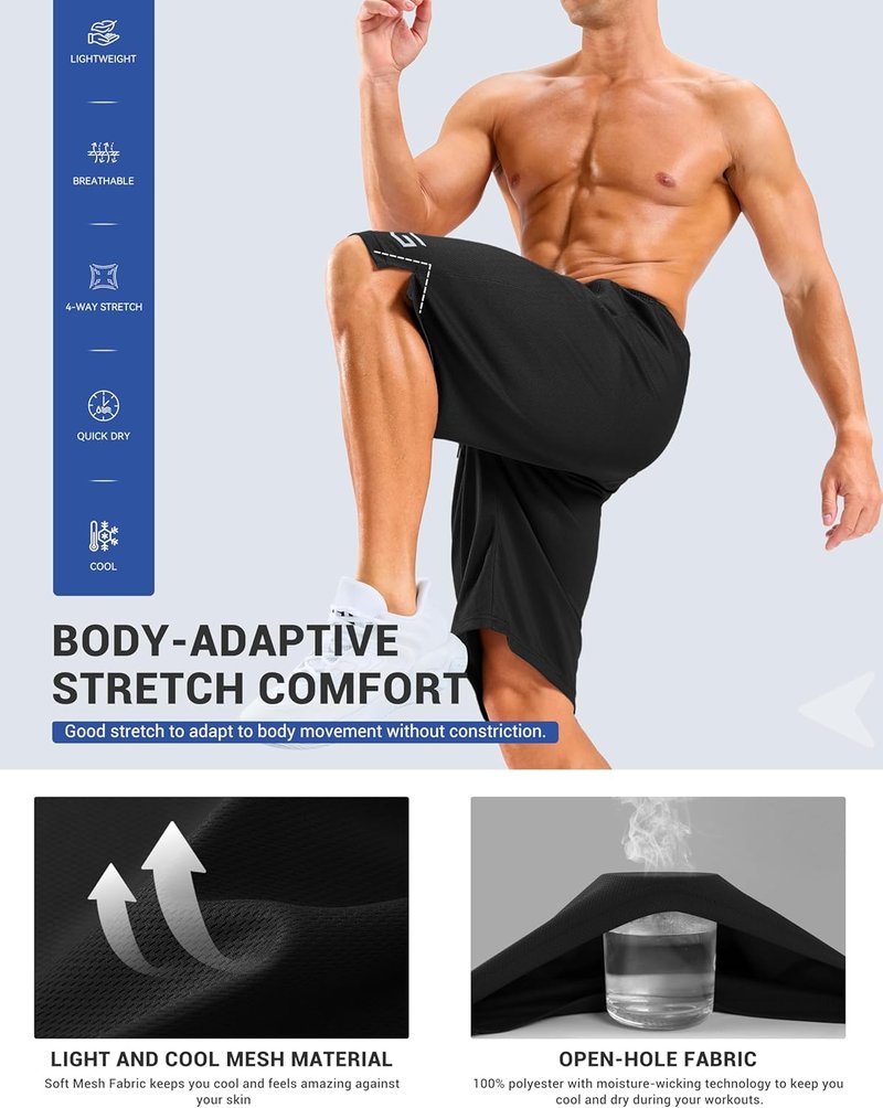 Men's Athletic Gym Shorts - Quick Dry Mesh with Zipper Pockets | 9"/11" Sizes Available