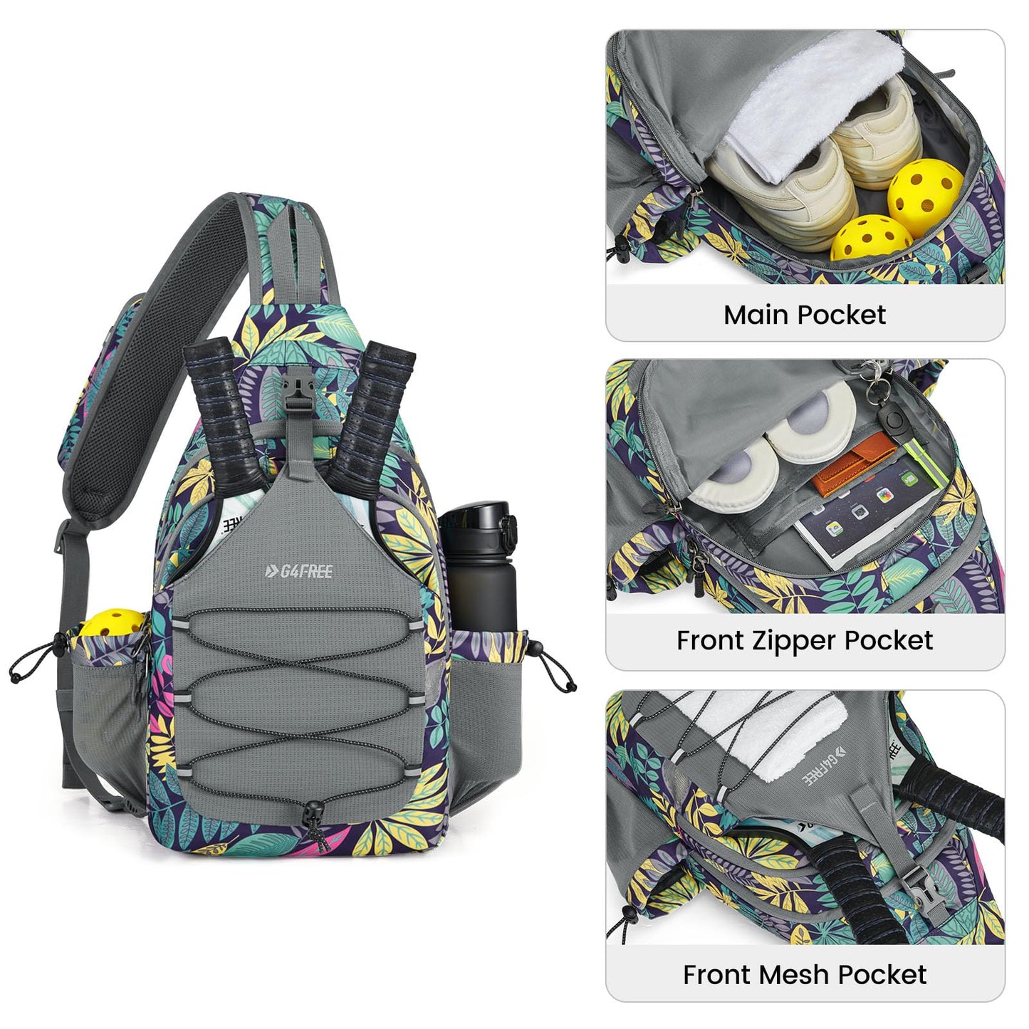 G4Free Pickleball Bag Sport Tennis Sling Bag Lightweight Pickleball Paddle Bag, Blue Leaf, L