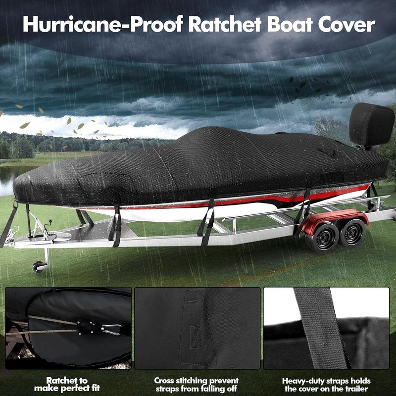Heavy Duty Boat Cover - 1200D Waterproof Protection for 17-19ft Bass Boats | Ratchet Hem Tightening, Black