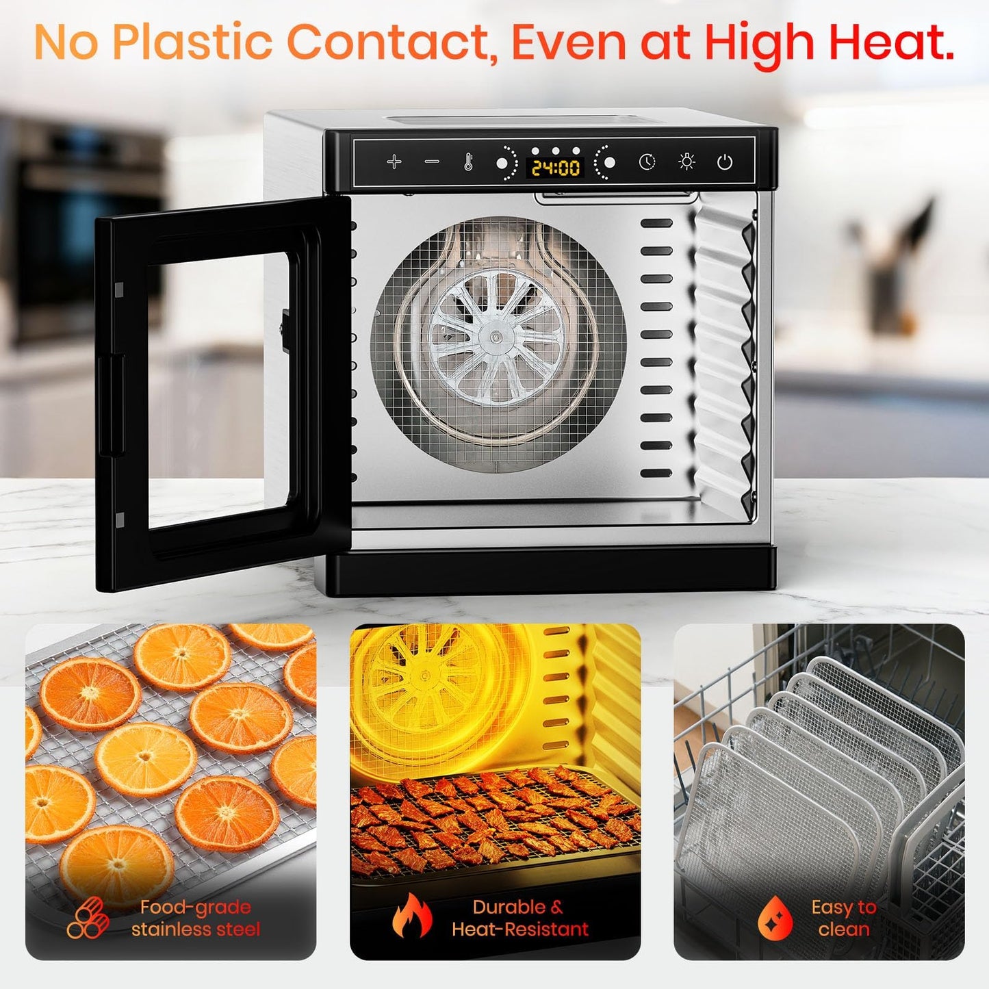 8-Tray Food Dehydrator, 400W, Stainless Steel, 195°F & 24H Time Control