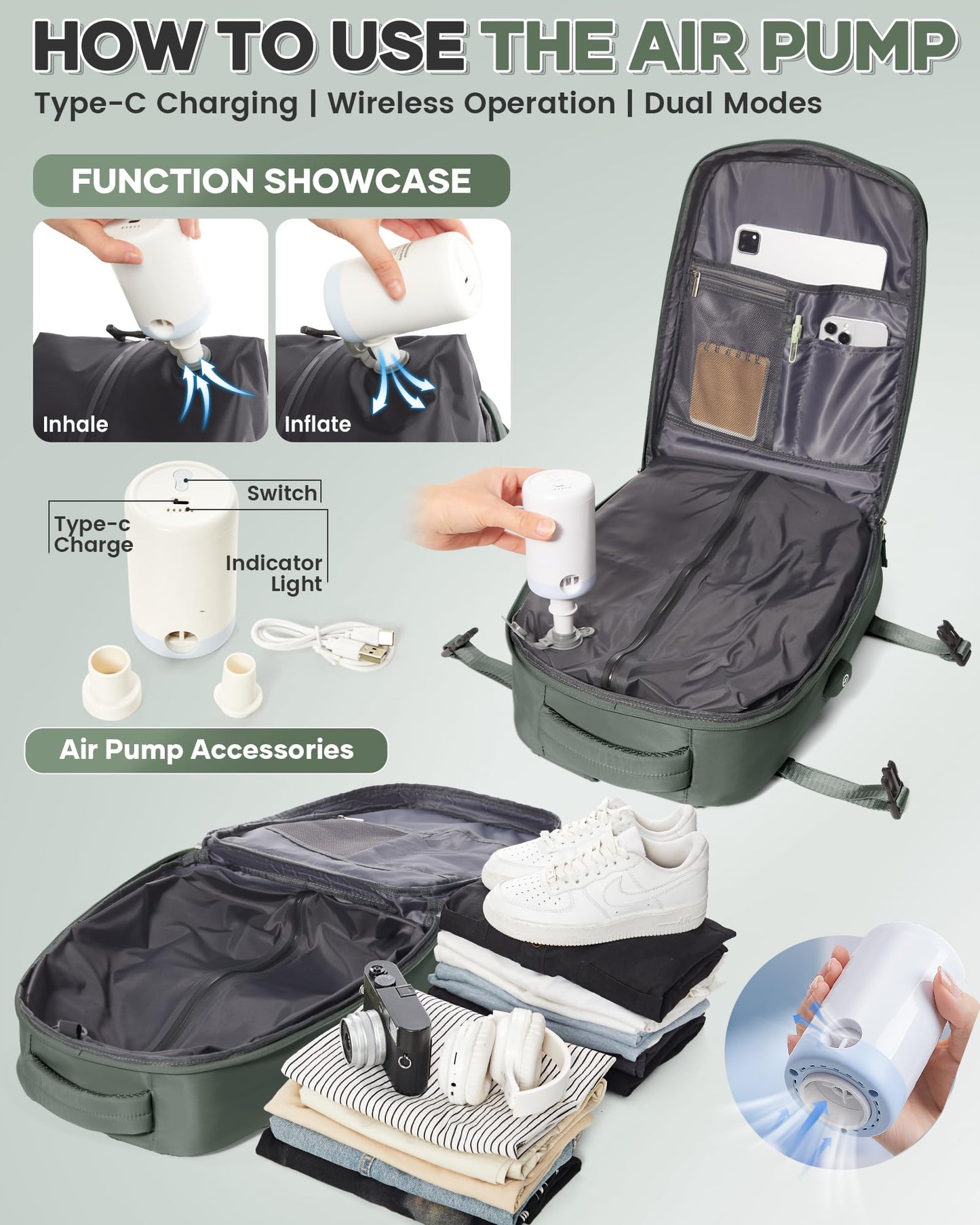 Vacuum Backpack Travel Compression Bags with Air Pump for Carry On Luggage Seal Backpack for Men Waterproof 18x14x8 inches Personal Item Travel Bag with Vacuum Compression for Women - Green