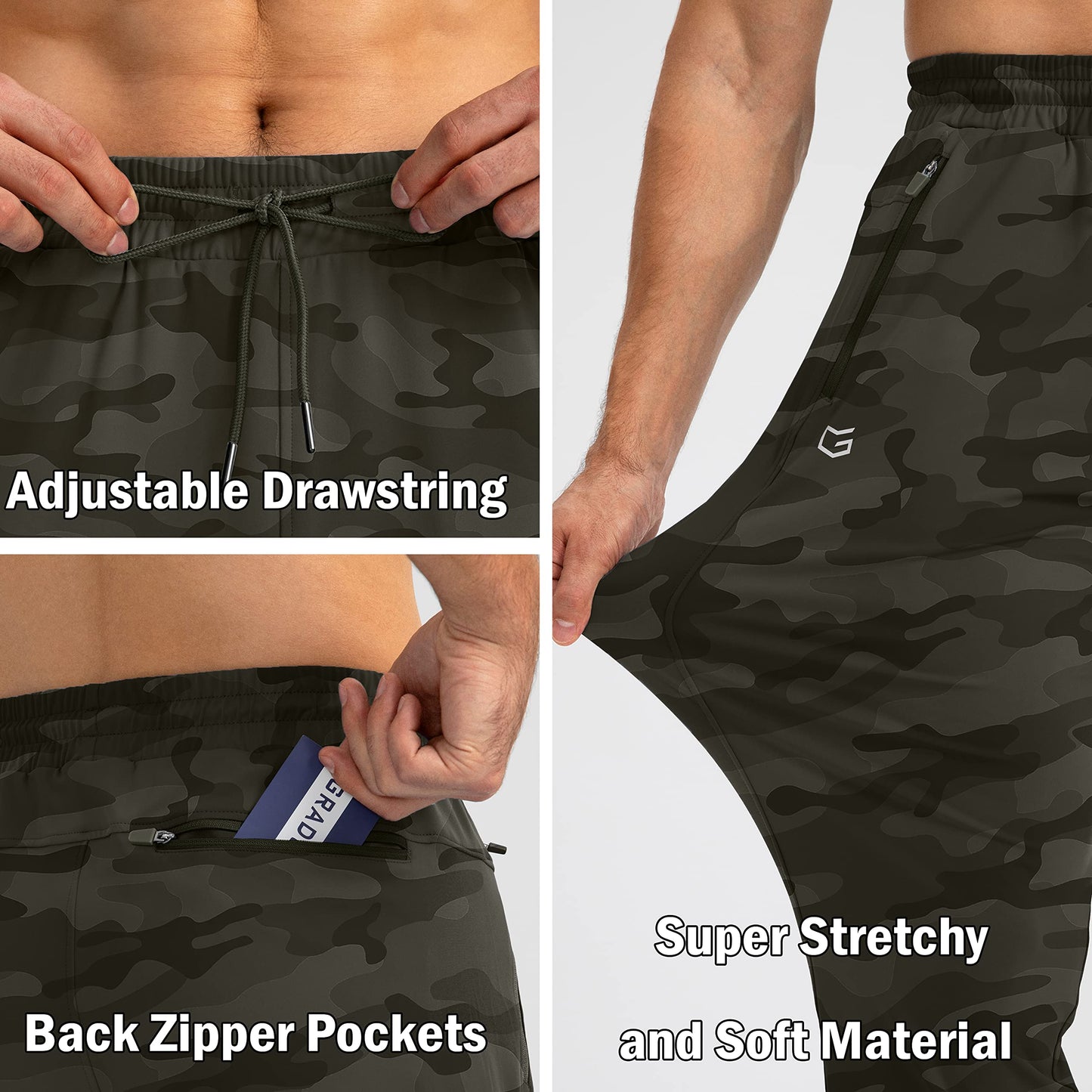 G Gradual Men's Sweatpants with Zipper Pockets Tapered Joggers for Men Athletic Pants for Workout, Jogging, Running (Green Camo, Large)