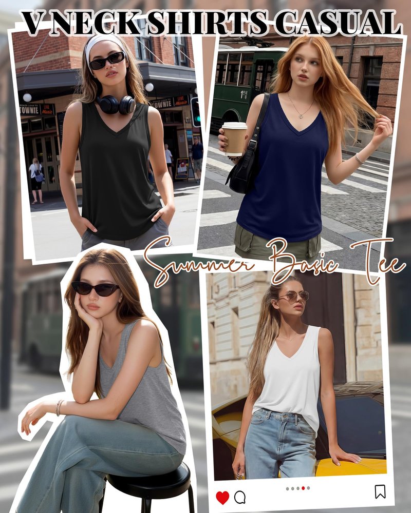 Riyiper 4 Pack Women's Tank Tops Sleeveless V Neck Casual Summer Loose Fit T Shirts Flowy Basic 2026 Fashion Tee Blouse(Black, White, Light Gray, Navy Blue,Medium)