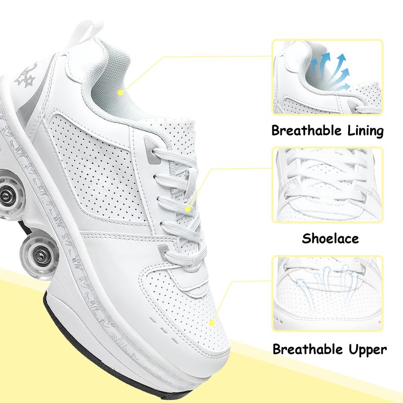 Roller Skate Shoes for Girls, Boys, 2-in-1 Skating Shoes for Man, Women, Retractable Wheels Sneakers for Kids, Deformation Sneakers Outdoor, White(2.5US)