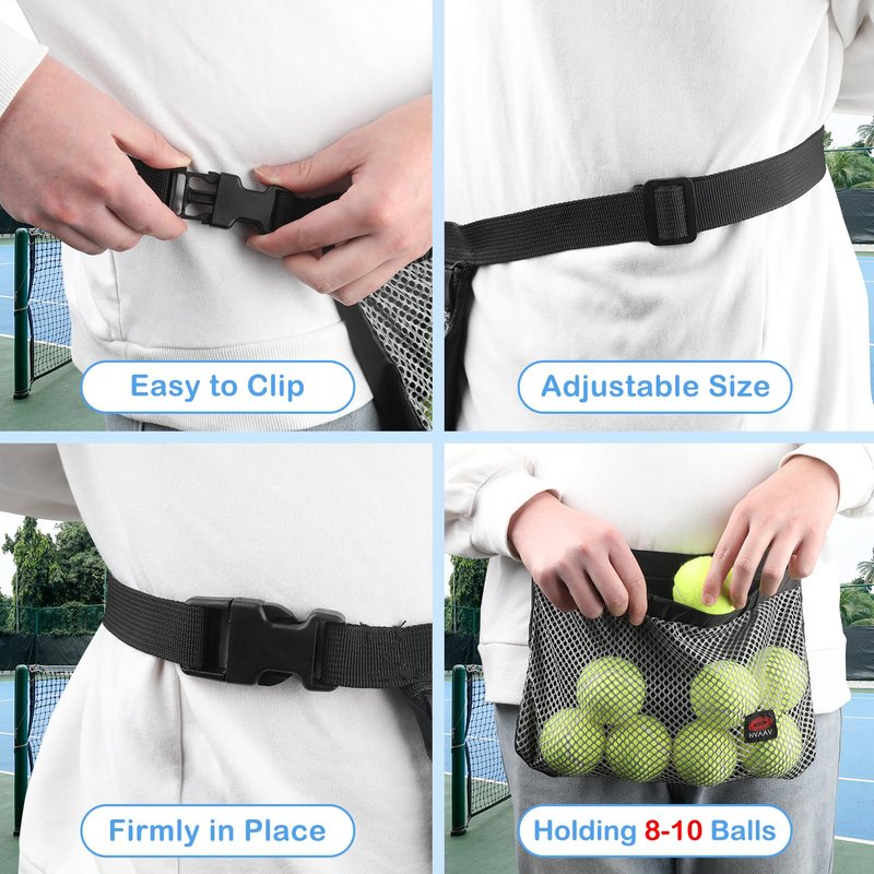 NVAAV 2 Pack Tennis Ball Band Holder, Pickleball Waist Pouch Bag with Adjustable Belt, Mesh Waist Hip Ball Bag Storage Pouch Carrier, Fanny Pack Holding 8-10 Balls for Tennis, Pickleball, Golf
