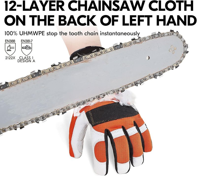 Chainsaw Gloves - 12-Layer Protection for Left Hand | Goat Leather Work Gloves for Mechanics