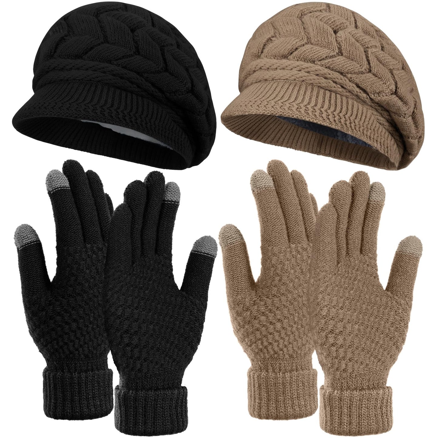 SATINIOR 4 Pieces Women Winter Hats and Gloves Set Touchscreen Gloves Warm Knitted Beanie and Mittens for Women Men(Black,Dark Khaki)