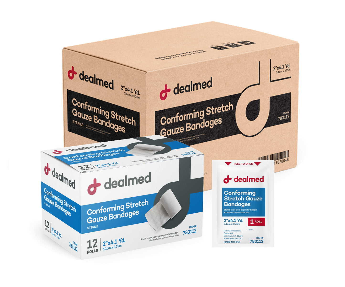Dealmed 2" Sterile Conforming Stretch Gauze Bandages, 4.1 Yards Latex Free Stretched Dressing Wrap, Medical Non-Adherent Wound Care Mesh Bandages (Case of 96 Rolls)