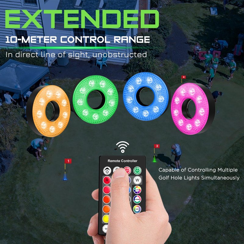 KINGTOP Rechargeable LED Golf Hole Light - Waterproof, Focused Illumination Lens, Remote-Controller, Perfect for Backyard Night Golf Practice Putting Green, Camping, Outdoor Party, O-4Pack
