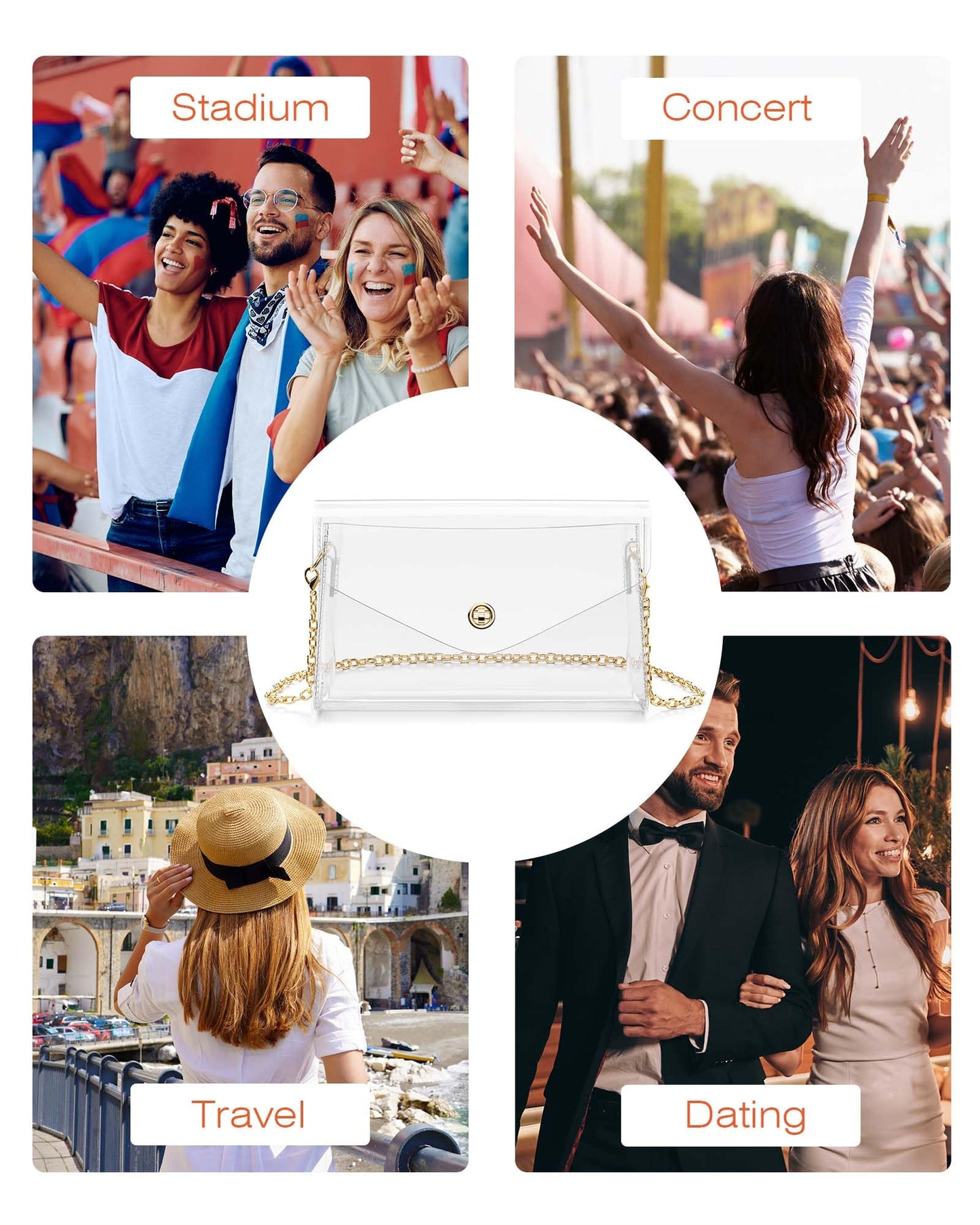 BS-VOG Clear Purse for Women, Clear Bag for Stadium Events with 2 Straps, Clear Crossbody Bag Stadium Approved for Concerts