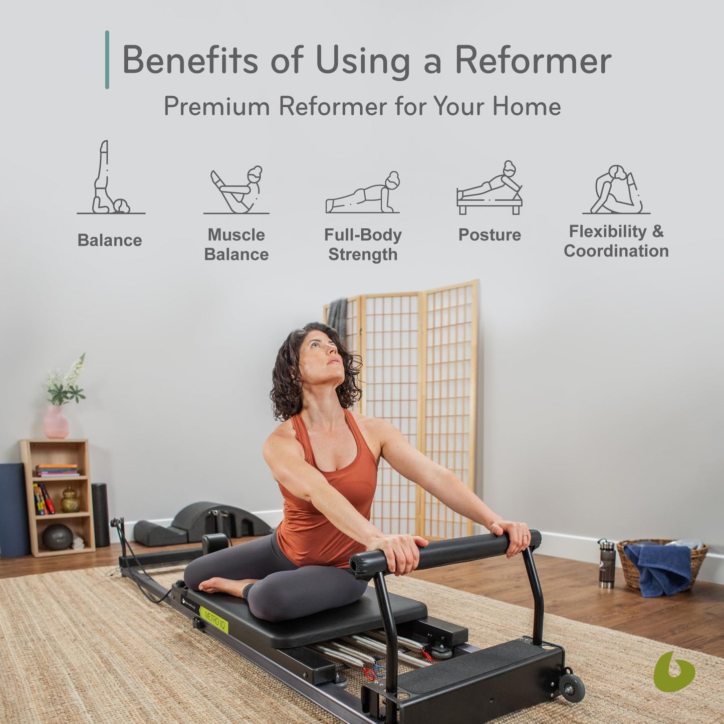 Balanced Body Metro IQ Pilates Reformer with Wheelbarrow Wheels, Pilates Exercise Equipment, Workout Equipment for Home or Studio, Black Upholstery