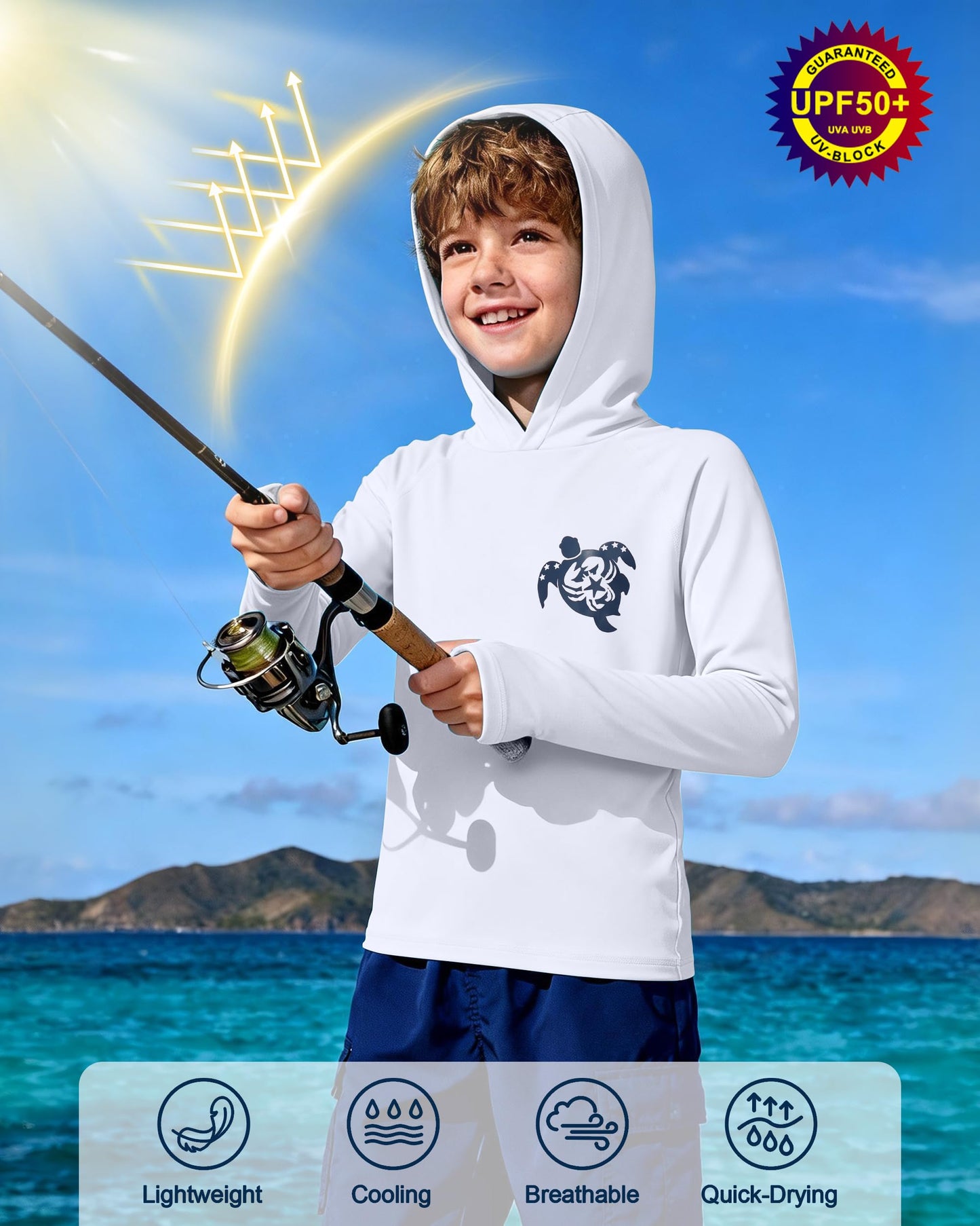DRONIRING Boys Rash Guard Swim Hoodie, UPF 50+ UV Sun Protection Long Sleeve Fishing Shirt, Kids Youth SPF Water Shirts