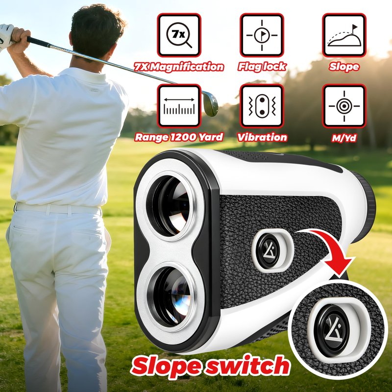 Golf Laser Rangefinder with Slope, 7X Magnification, 1200 Yard Distance Measuring Range Finder with High-Precision Flag Pole Locking Vibration Function Slope Mode Continuous Scan,External Slope Switch