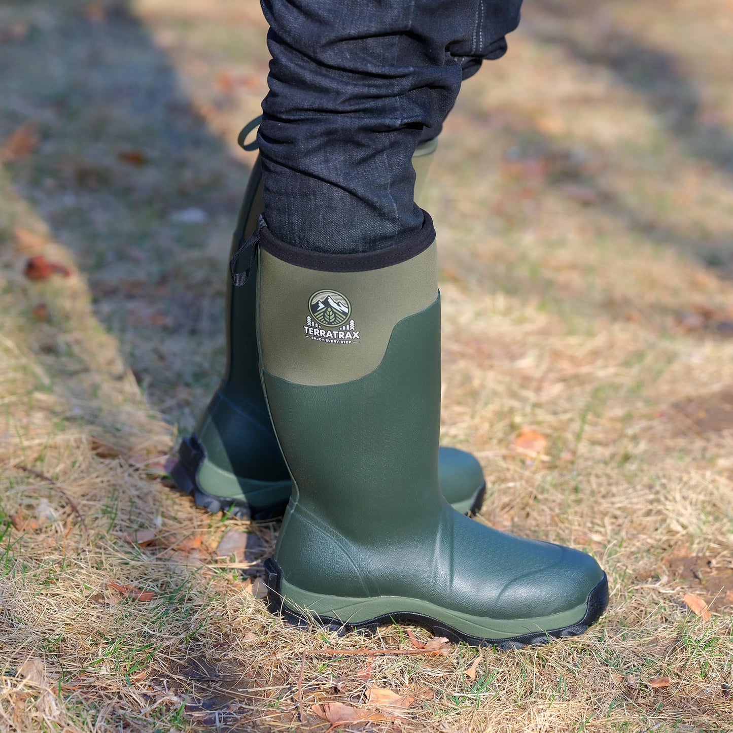 TerraTrax Men's Waterproof Insulated Rubber Hunting Boots – 6mm Neoprene Rain Boots for Outdoor Work, Fishing, Farming & Gardening Green Size 13
