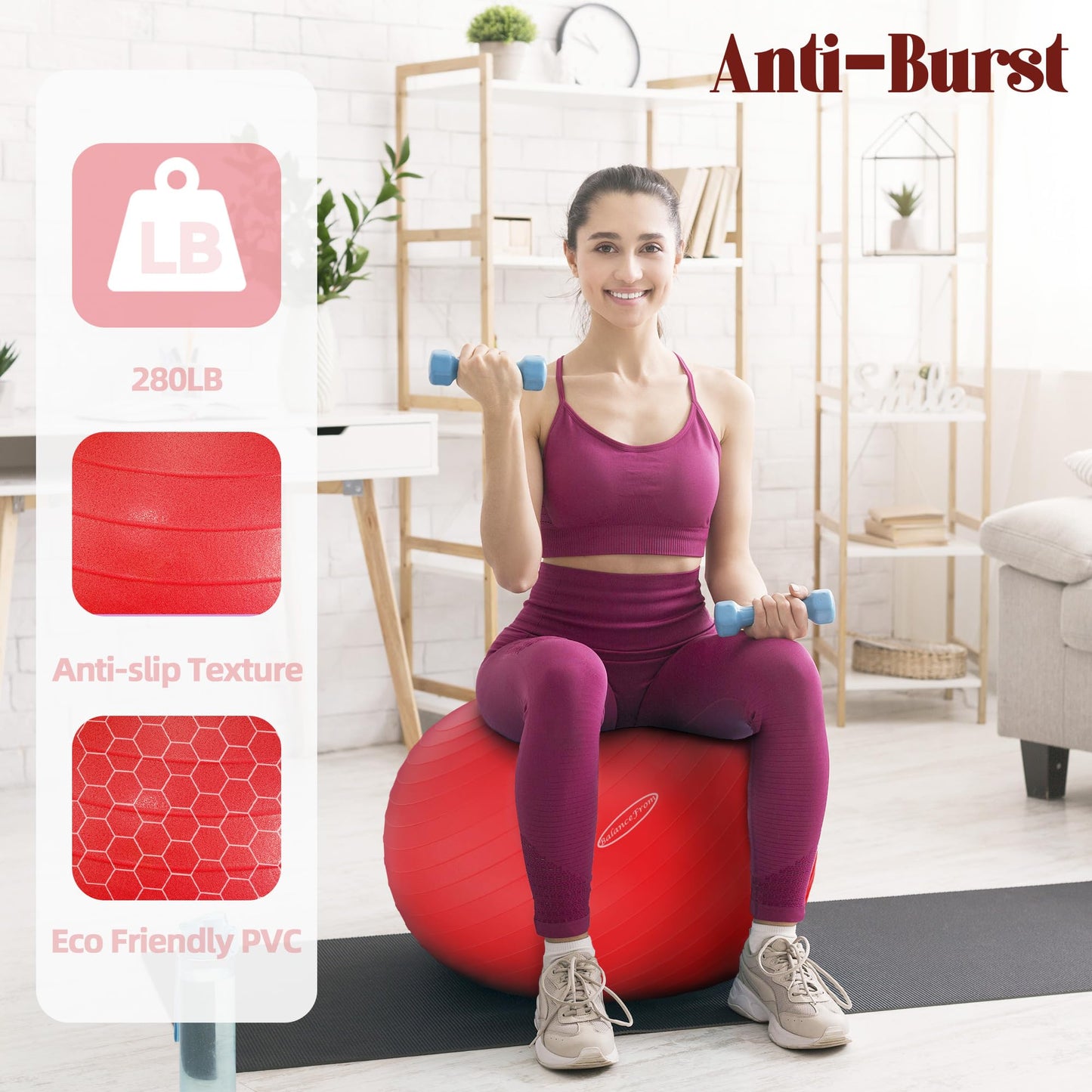 Fitvids Anti-Burst and Slip Resistant Exercise Yoga Ball with Quick Pump 48-55cm, M, Red
