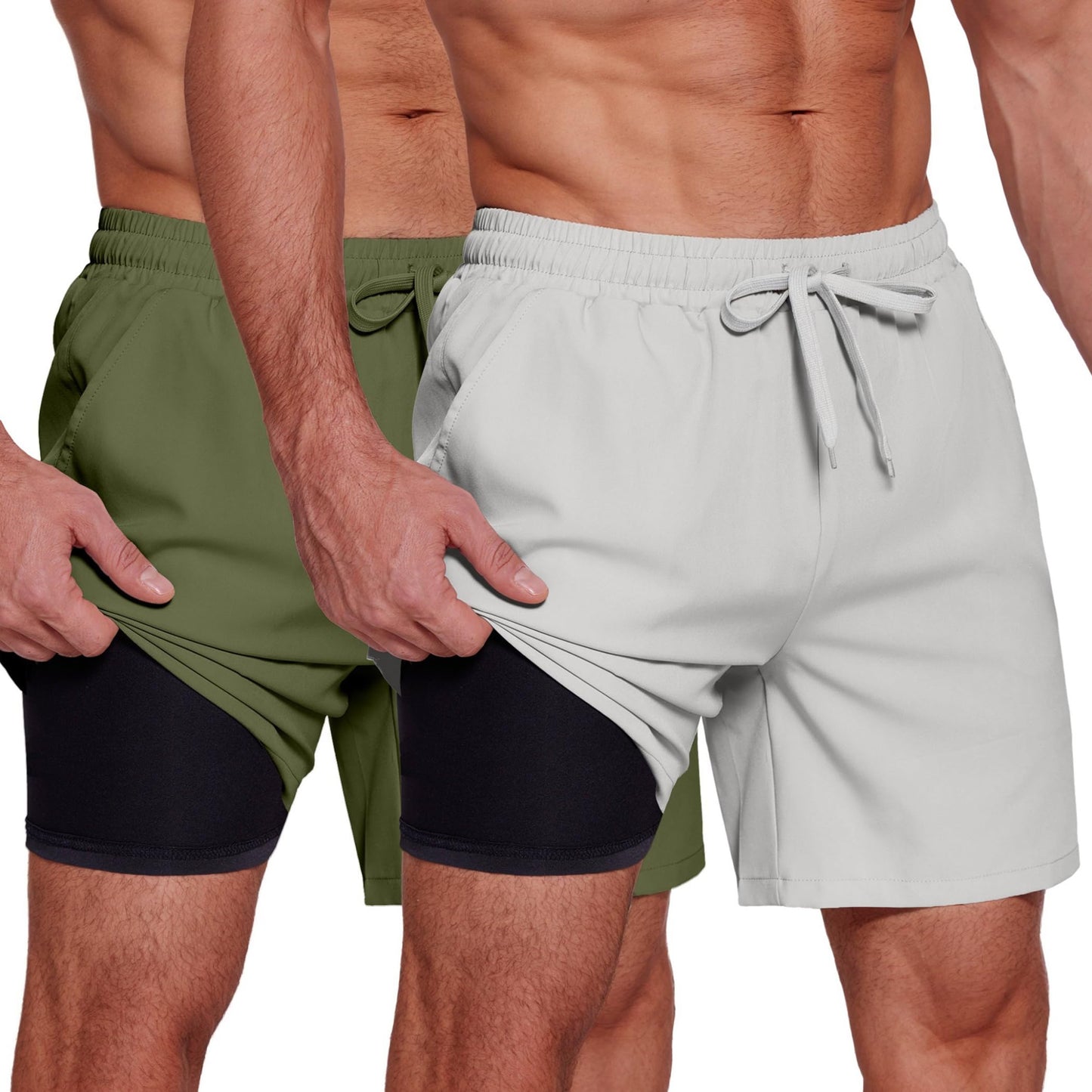 COOFANDY Men's 2 in 1 Running Shorts 2 Pack Athletic Shorts Quick Dry Lightweight Gym Training Workout Sports Shorts with Pockets