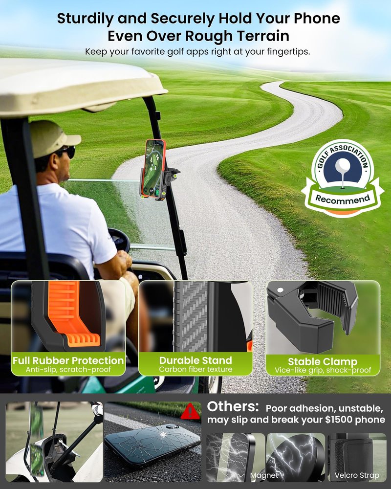 Smerkod Golf Cart Phone Holder Mount - 3s Phone Clip Install, 1s Lock & Release, Fathers Day Golf Gifts for Men Dad Husband Him Golfer, Golf Accessories Essentials Gadgets Fits Club Car, EZGO, Yamaha