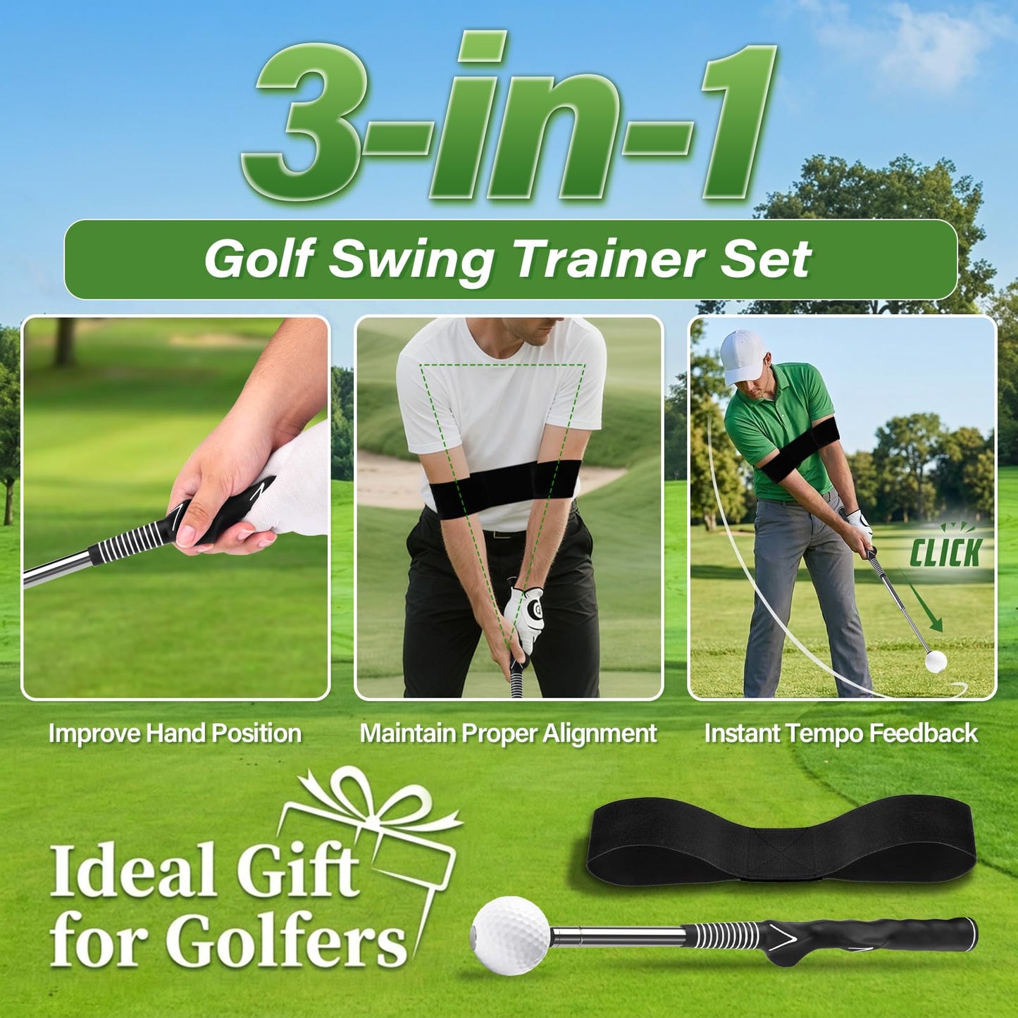 Gruyxen Retractable Golf Swing Trainer with Click Sound & Posture Correction Arm Band, Golf Grip Trainer for Right-Handed, Indoor & Outdoor Training Aid for Beginners to Pros