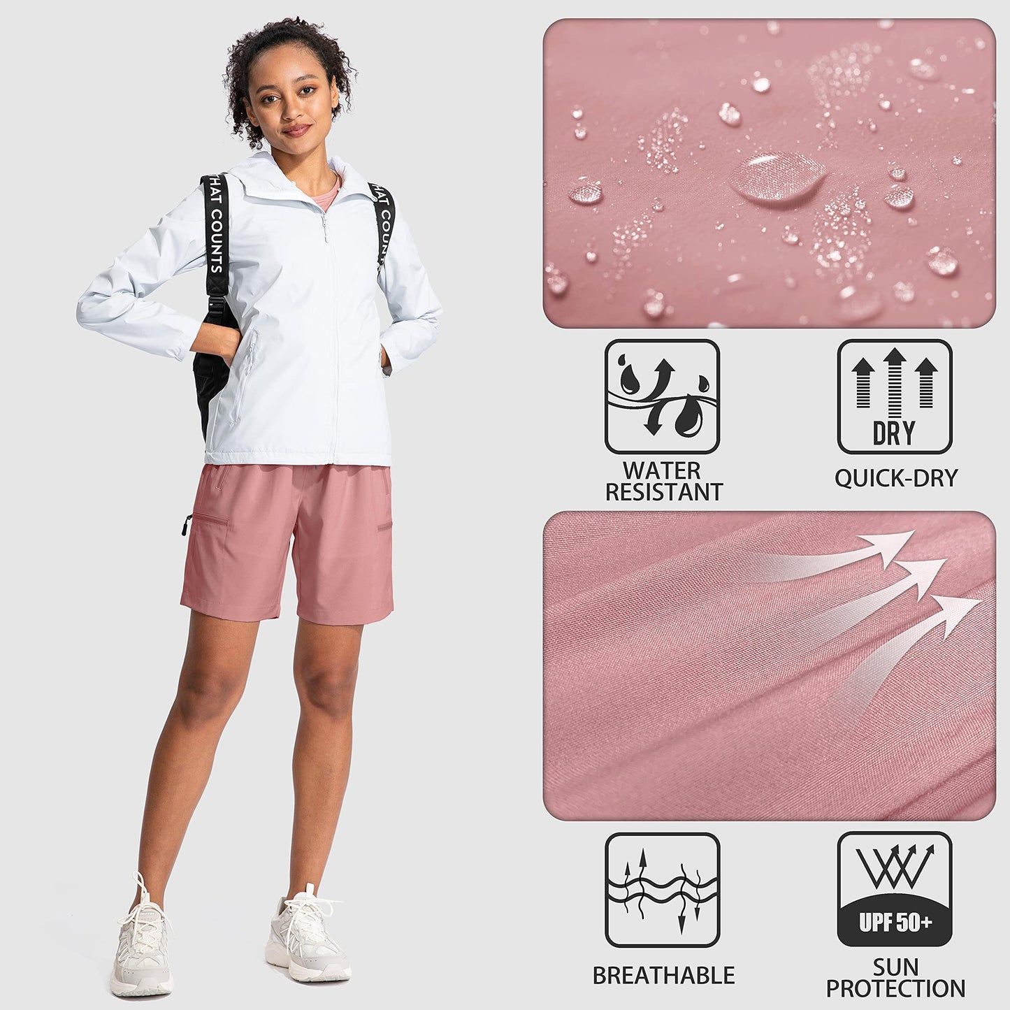 SANTINY Women's 5''/ 7''/9'' Hiking Cargo Shorts Quick Dry Lightweight Summer Shorts for Women Athletic Golf Zipper Pockets(Dusty Pink_XL)
