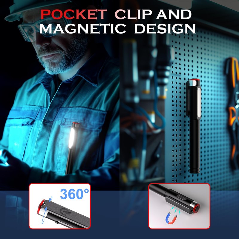 Recgargeable Pen Light, 800 Lumens LED Pen Flashlights 6 Modes COB Magnetic Flashlight with Clip Bright Pocket Flashlights Work Light Portable Waterproof Durable Penlight for Work Emergency