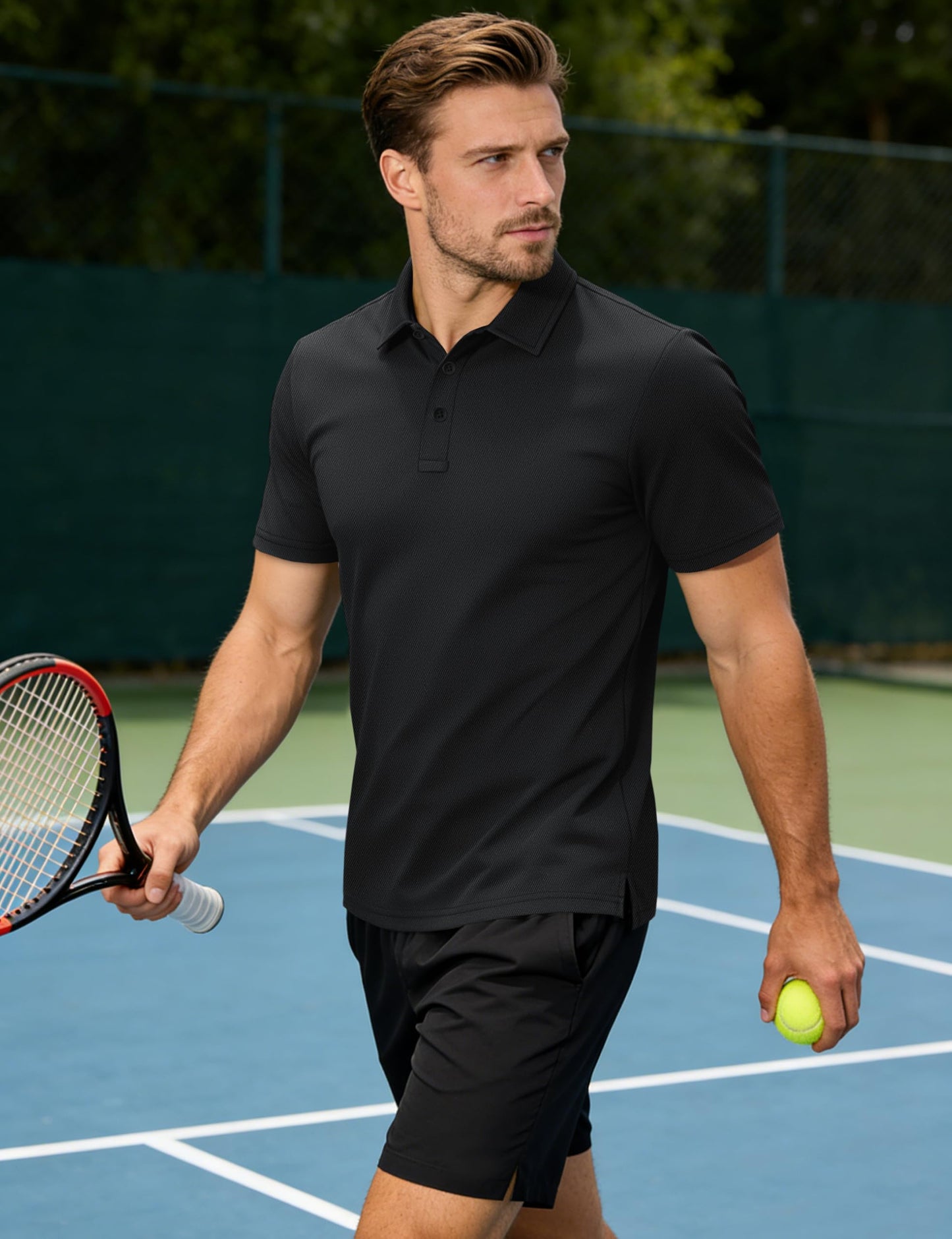 TACVASEN Mens Polo Shirts Short Sleeve Dry Fit Performance Breathable Golf Shirt with Collar Tennis Casual Business Work Black, L