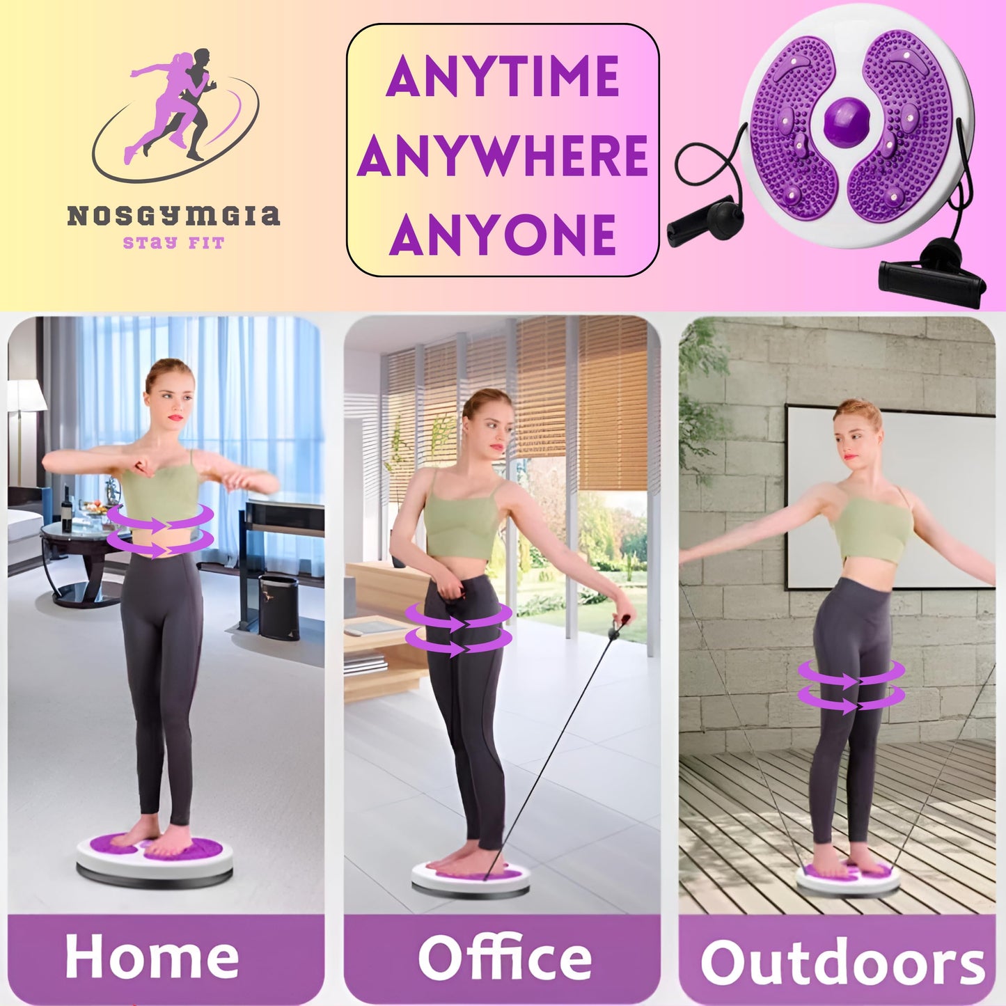 NOSGIA Purple Core Ab Twister Board - Double Rope for Exercise and Trainer 11 inch Abs Waist Twisting Disc with 8 Simply Power Magnets Reflexology Machine for Slimming and Strengthening Abdominal Exercise Workout Equipment