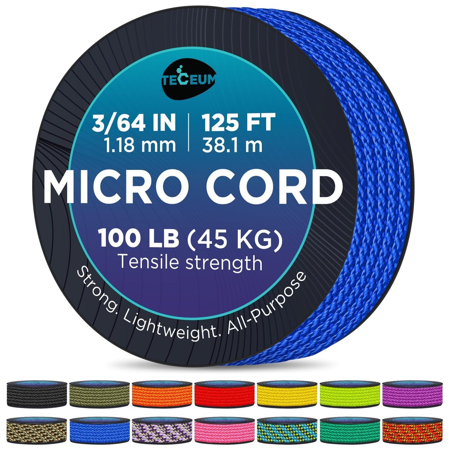 TECEUM Micro Paracord – Simple Blue – 1.18 mm x 125 ft – Micro Utility Cord – Thin Braided Paracord Rope Nylon Polyester – Wind Chime Replacement – Survival Strong String 001c nw