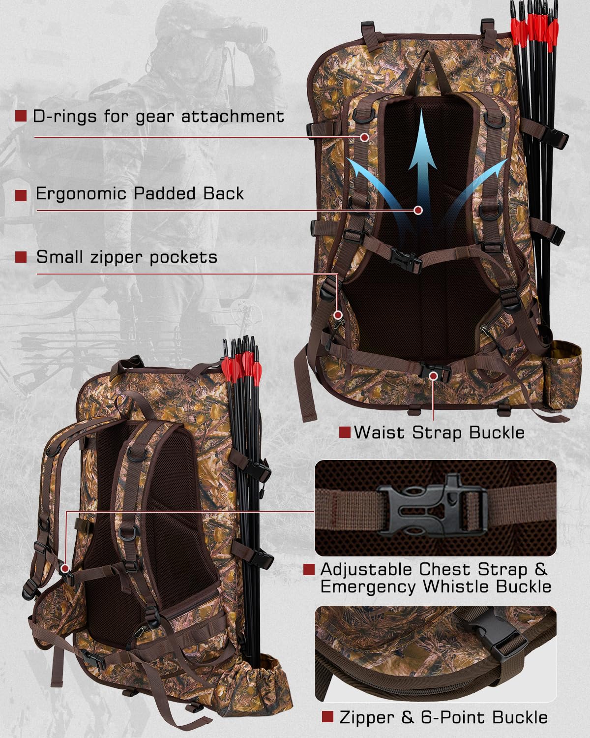 Gonex Hunting Bow Case Backpack with Detachable Arrow Tube, 900D Waterproof Polyester, Full-Padded Protection, Archery Bag with Multi-Pockets & Game Hauling Straps for Compound Bow Camo Brown