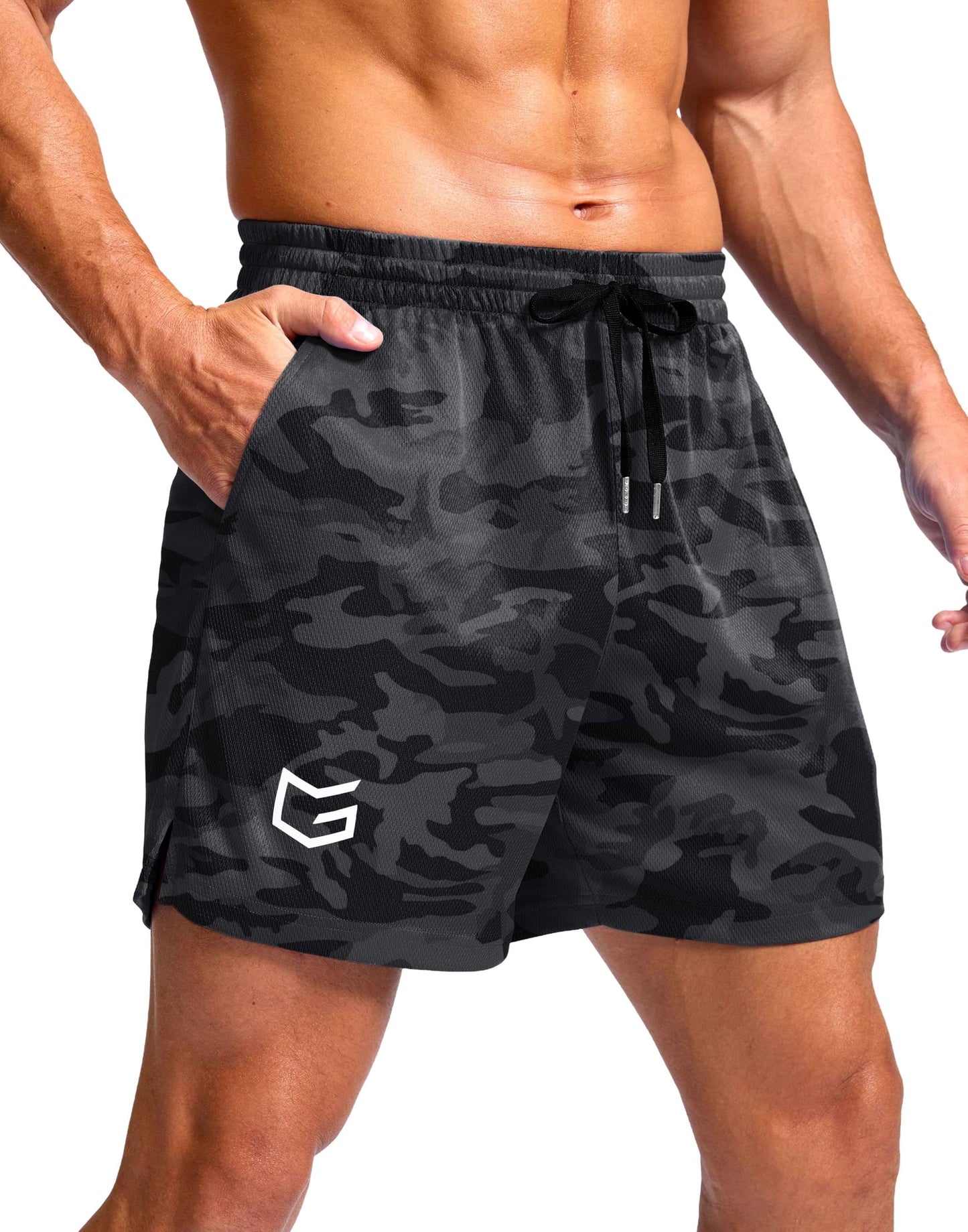 G Gradual Men's Athletic Workout Shorts with Pockets 5"/7"/9" Lightweight Quick Dry Gym Basketball Running Shorts for Men(Grey Camo,5-L)