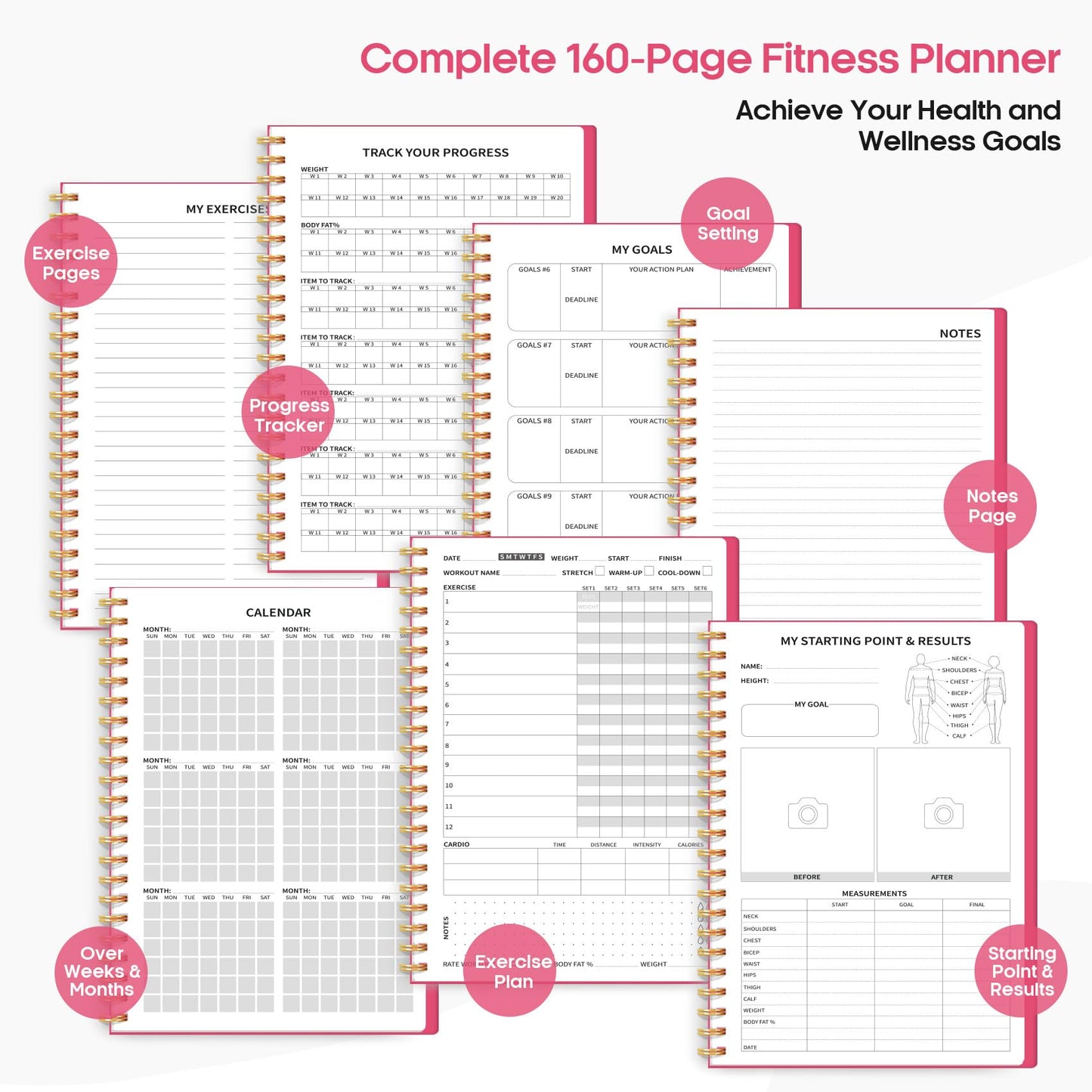 Fitness Workout Journal for Women & Men, A5(5.5" x 8.2") Workout Log Book Planner for Tracking, Progress, and Achieving Your Wellness Goals-Berry Pink