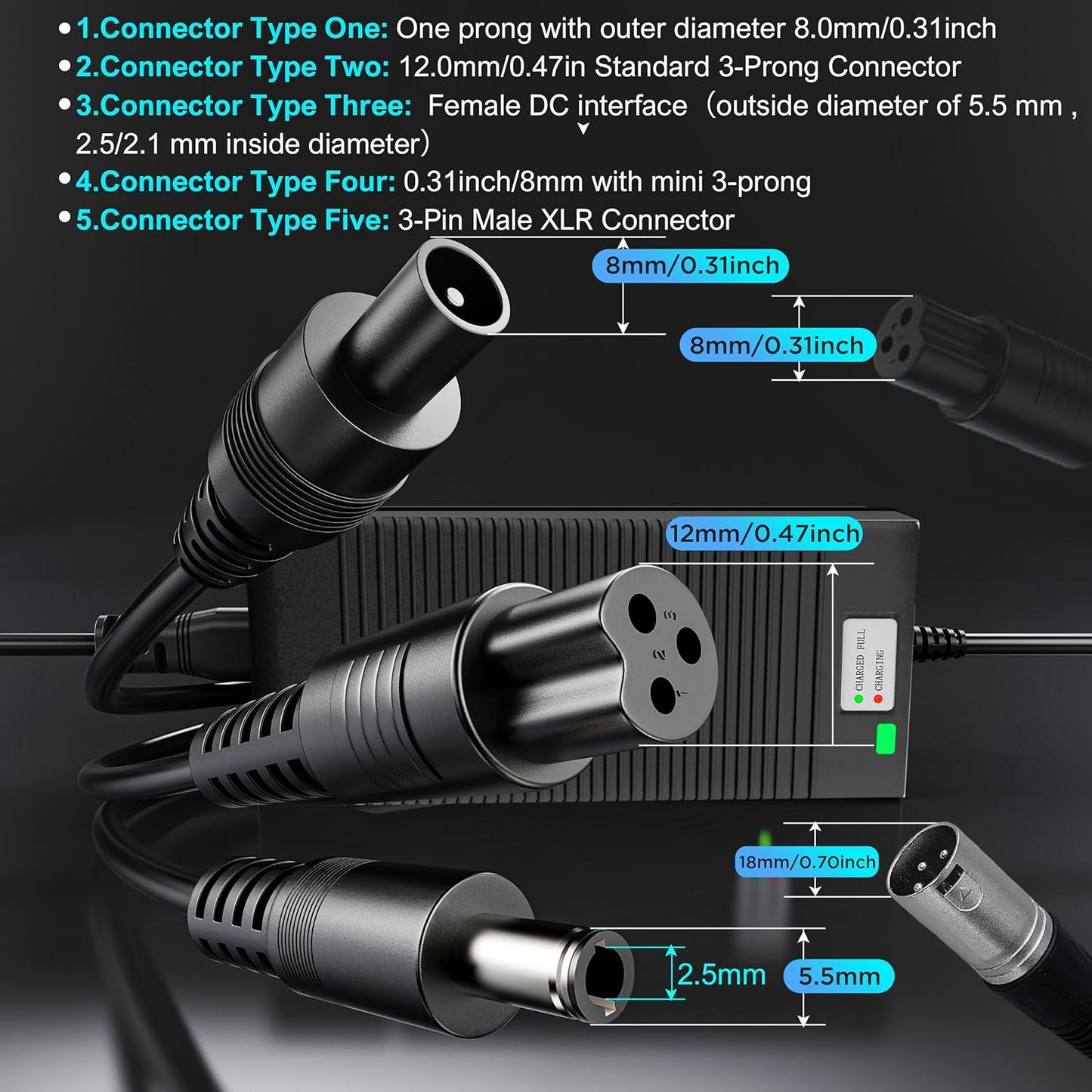EVAPLUS 42V 2A Fast Charger | UL Certified with 5 Type Plugs for 36V Lithium Batteries - Compatible with Electric Scooters & Pocket Mod