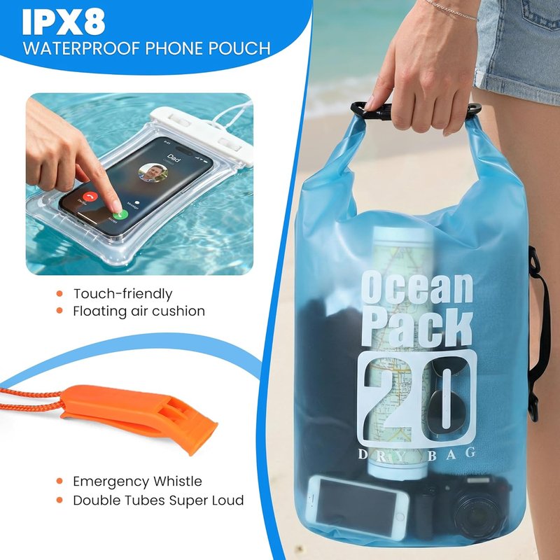 Waterproof Dry Bag - 20L Roll Top Backpack with Phone Pouch | Lightweight for Kayaking, Boating, Fishing