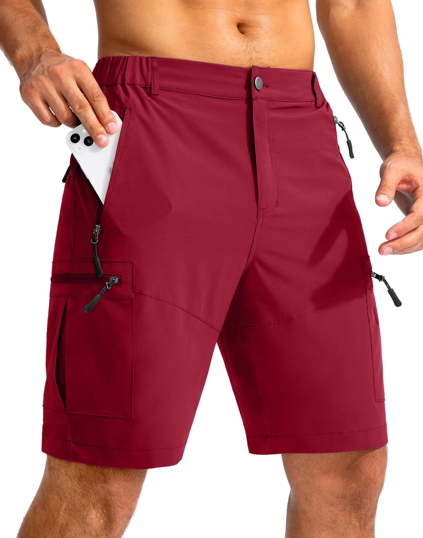 Pudolla Men's Hiking Cargo Shorts 9" Lightweight Outdoor Work Shorts for Men Travel Golf Camping Casual with 5 Zipper Pockets(Red X-Large)